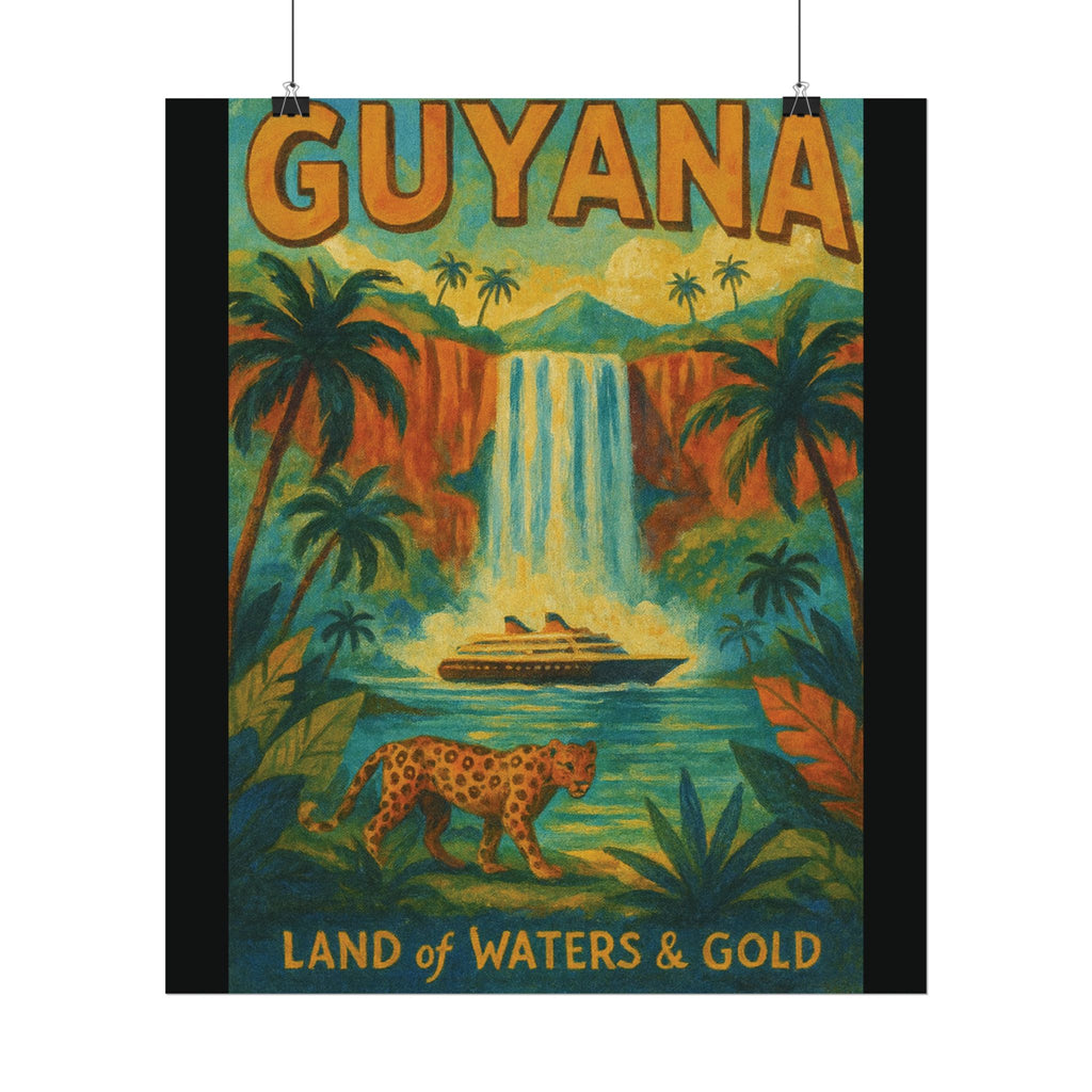 Guyana Waterfall Travel Poster — Textured Watercolor Matte Print ("Land of Waters & Gold")