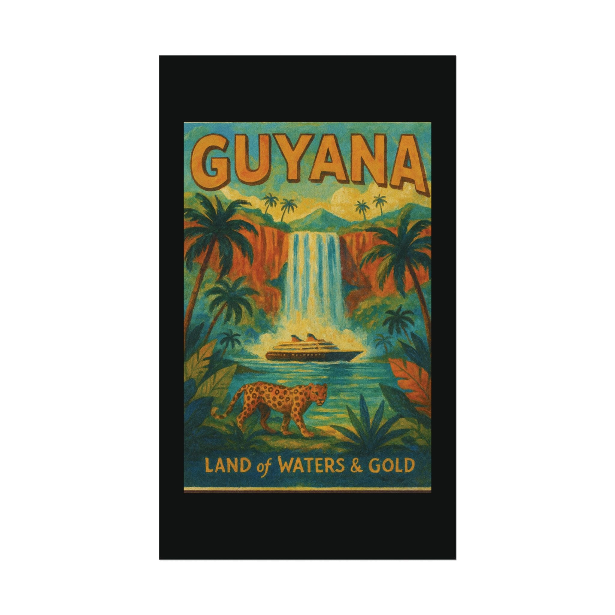 Guyana Waterfall Travel Poster — Textured Watercolor Matte Print ("Land of Waters & Gold")