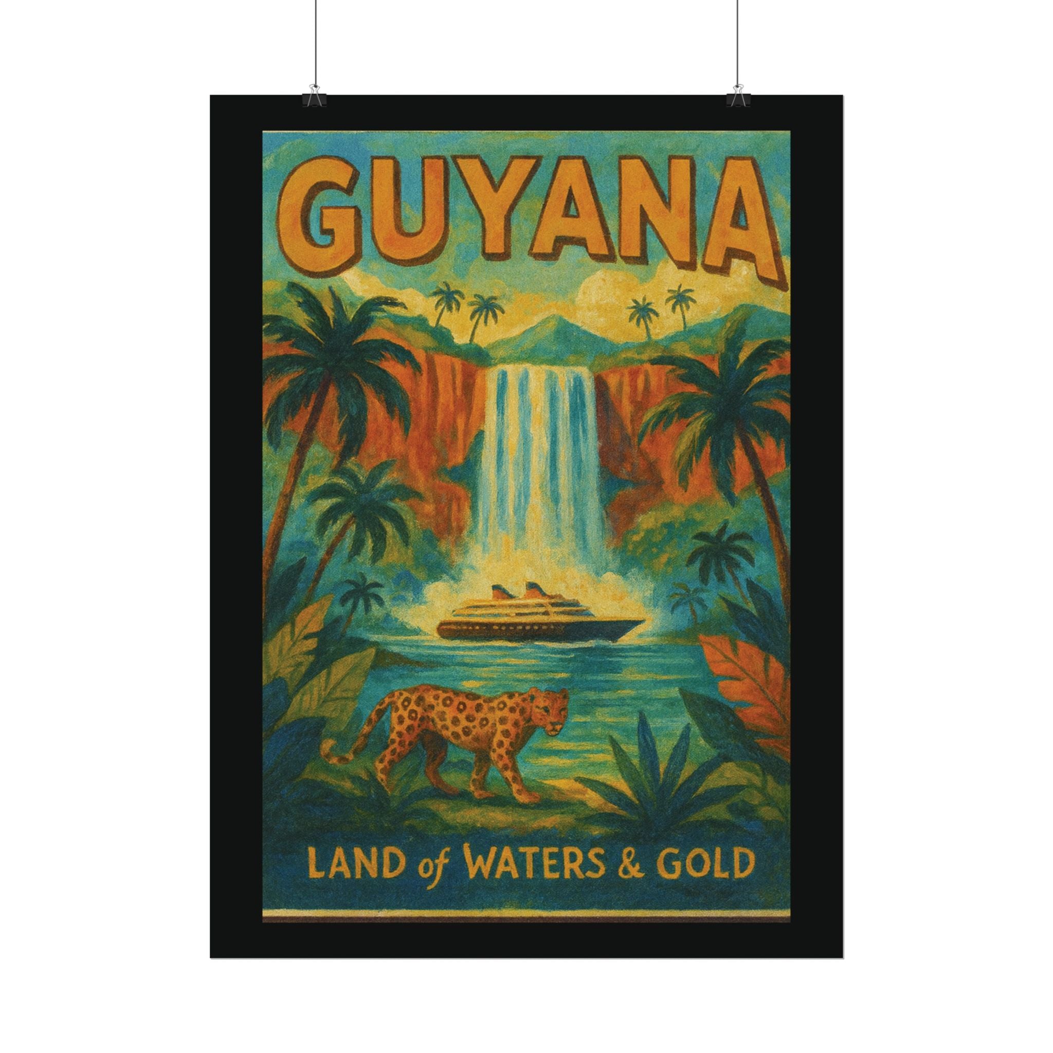 Guyana Waterfall Travel Poster — Textured Watercolor Matte Print ("Land of Waters & Gold")
