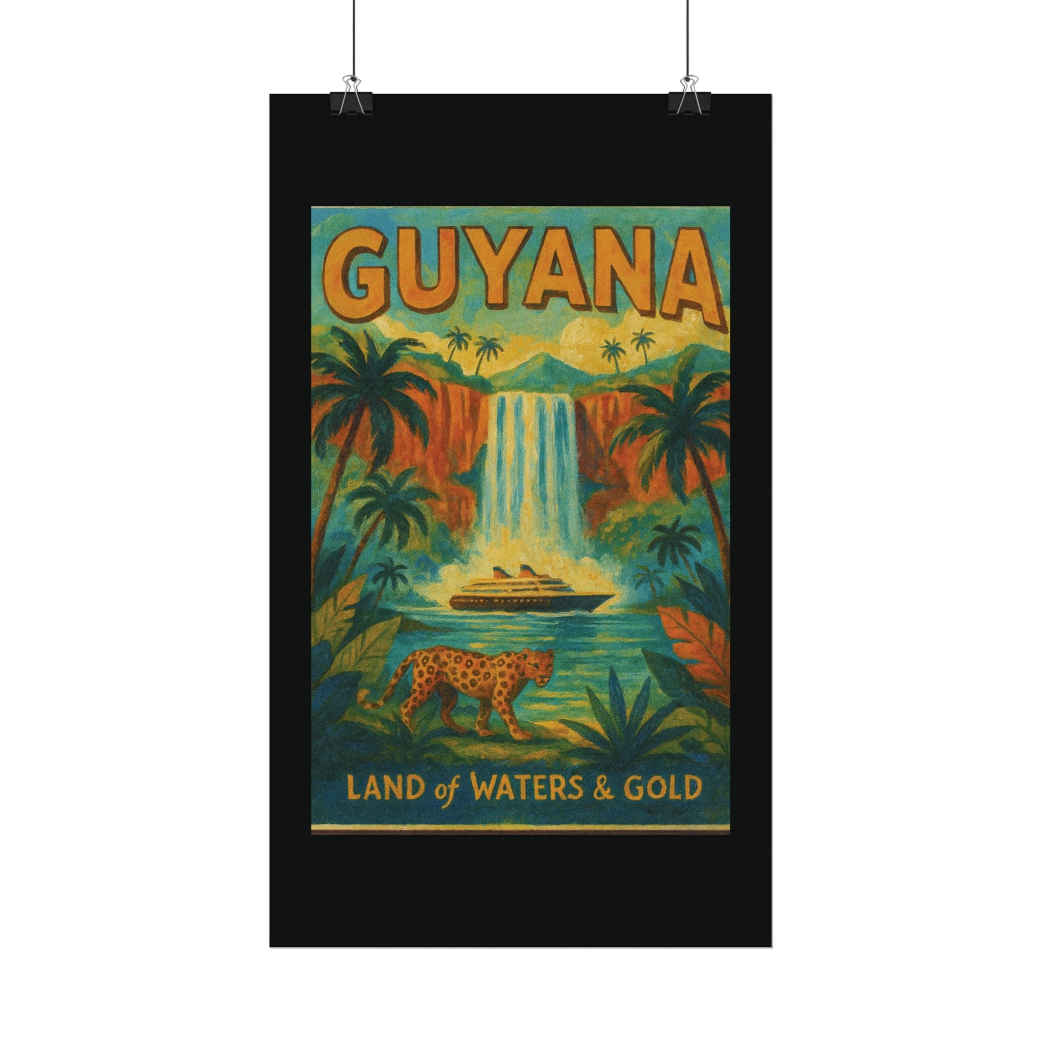 Guyana Waterfall Travel Poster — Textured Watercolor Matte Print ("Land of Waters & Gold")
