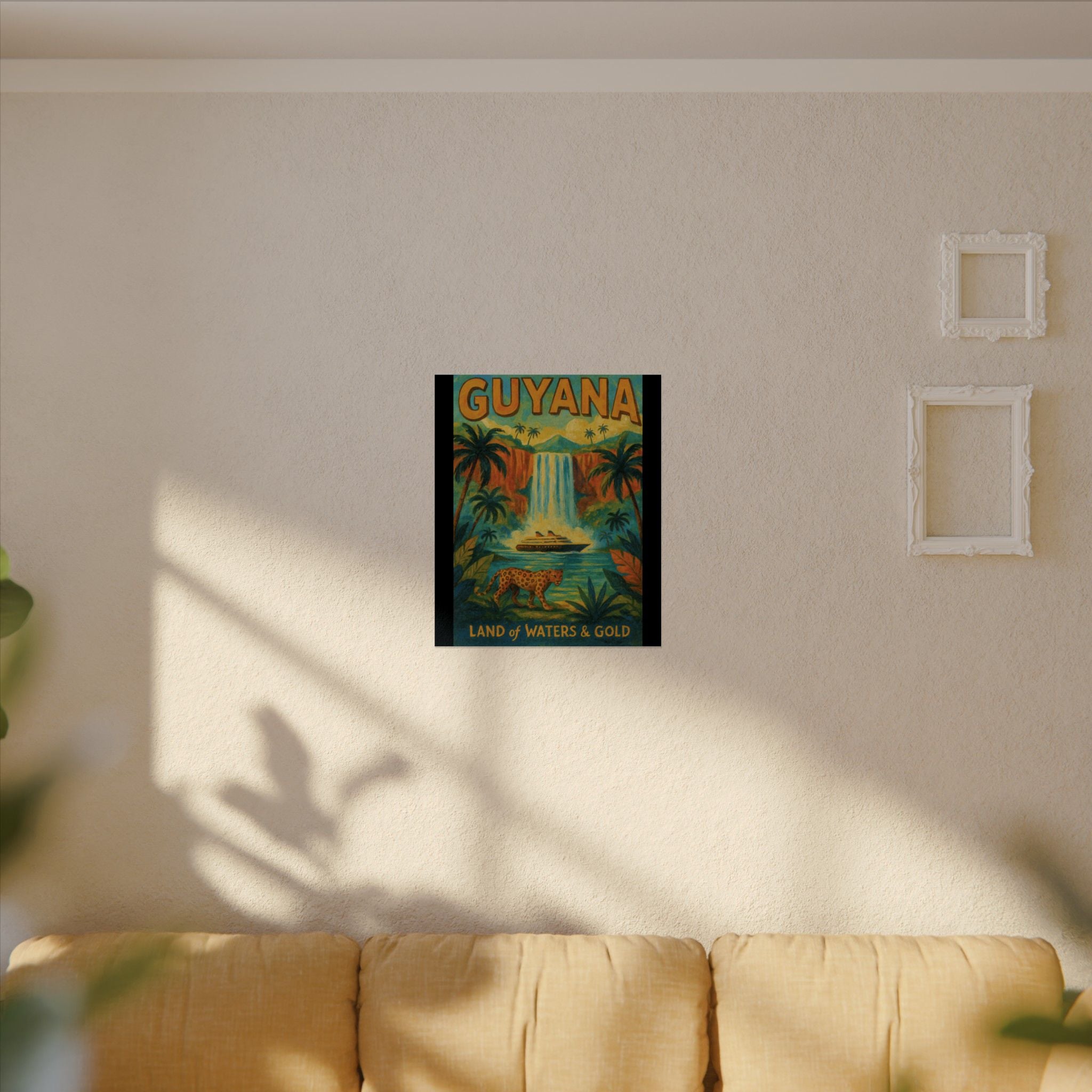 Guyana Waterfall Travel Poster — Textured Watercolor Matte Print ("Land of Waters & Gold")