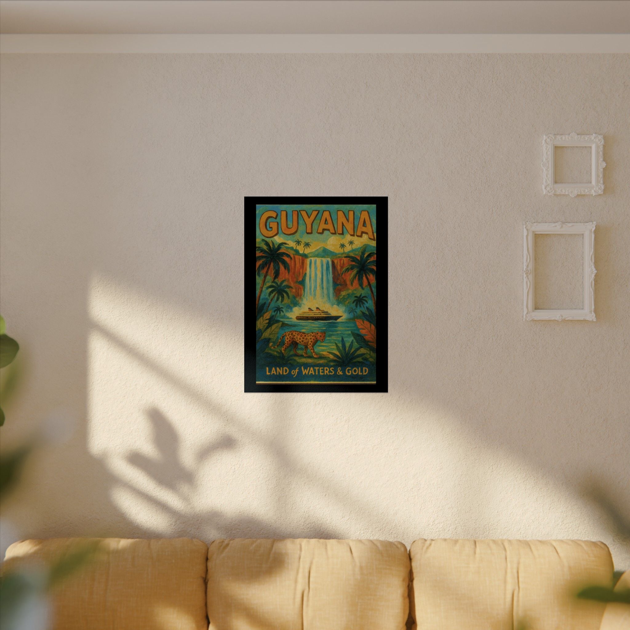 Guyana Waterfall Travel Poster — Textured Watercolor Matte Print ("Land of Waters & Gold")