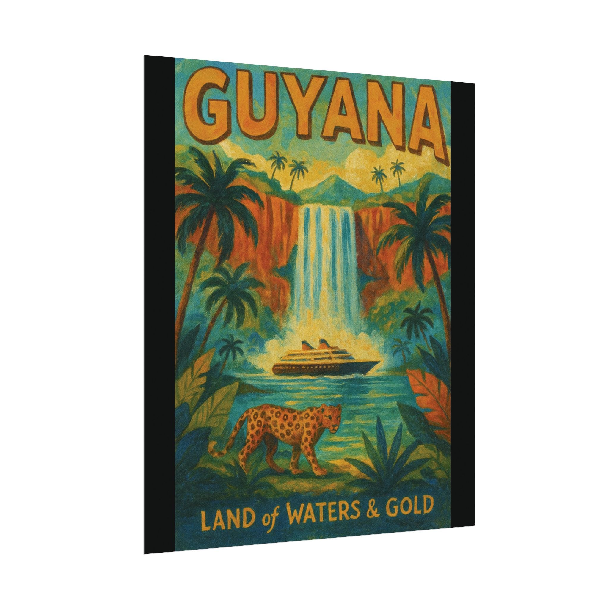 Guyana Waterfall Travel Poster — Textured Watercolor Matte Print ("Land of Waters & Gold")