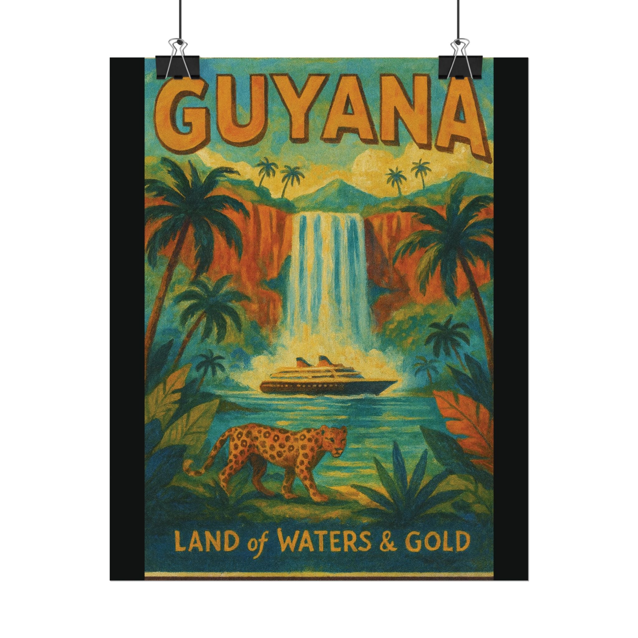 Guyana Waterfall Travel Poster — Textured Watercolor Matte Print ("Land of Waters & Gold")