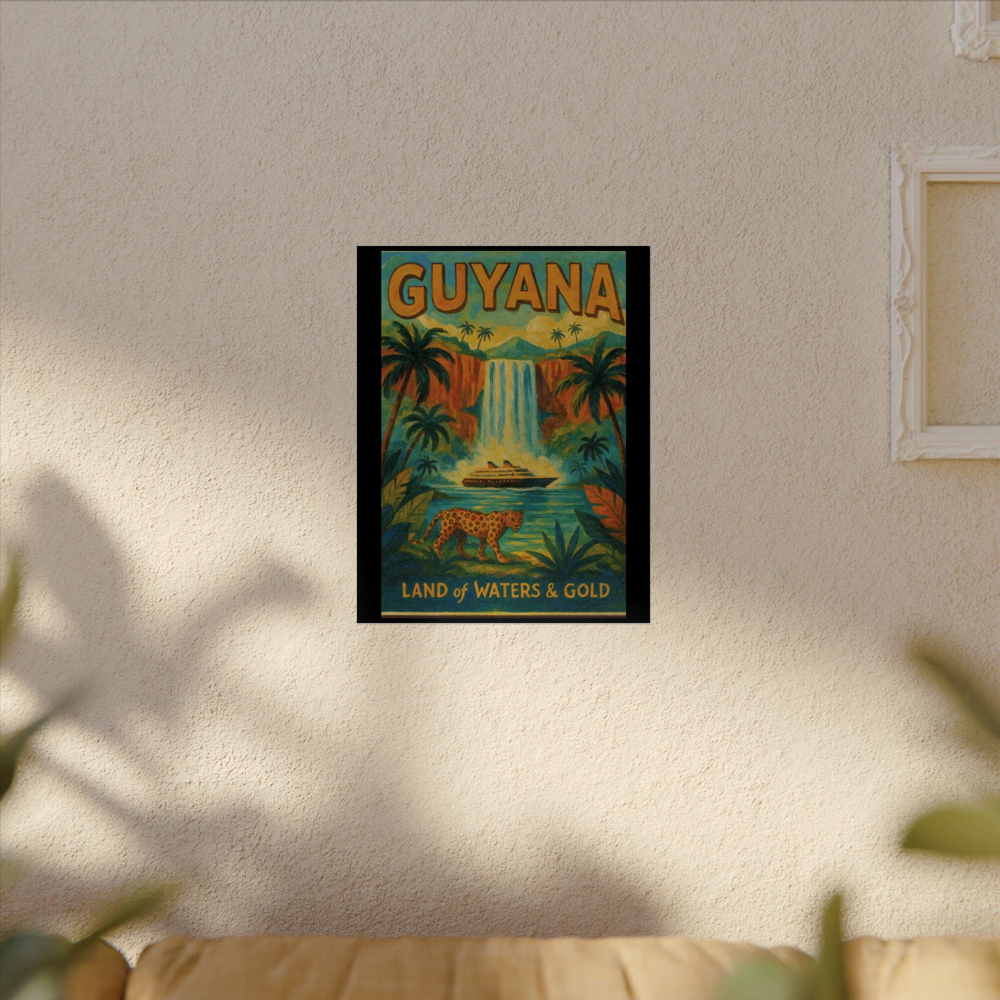 Guyana Waterfall Travel Poster — Textured Watercolor Matte Print ("Land of Waters & Gold")