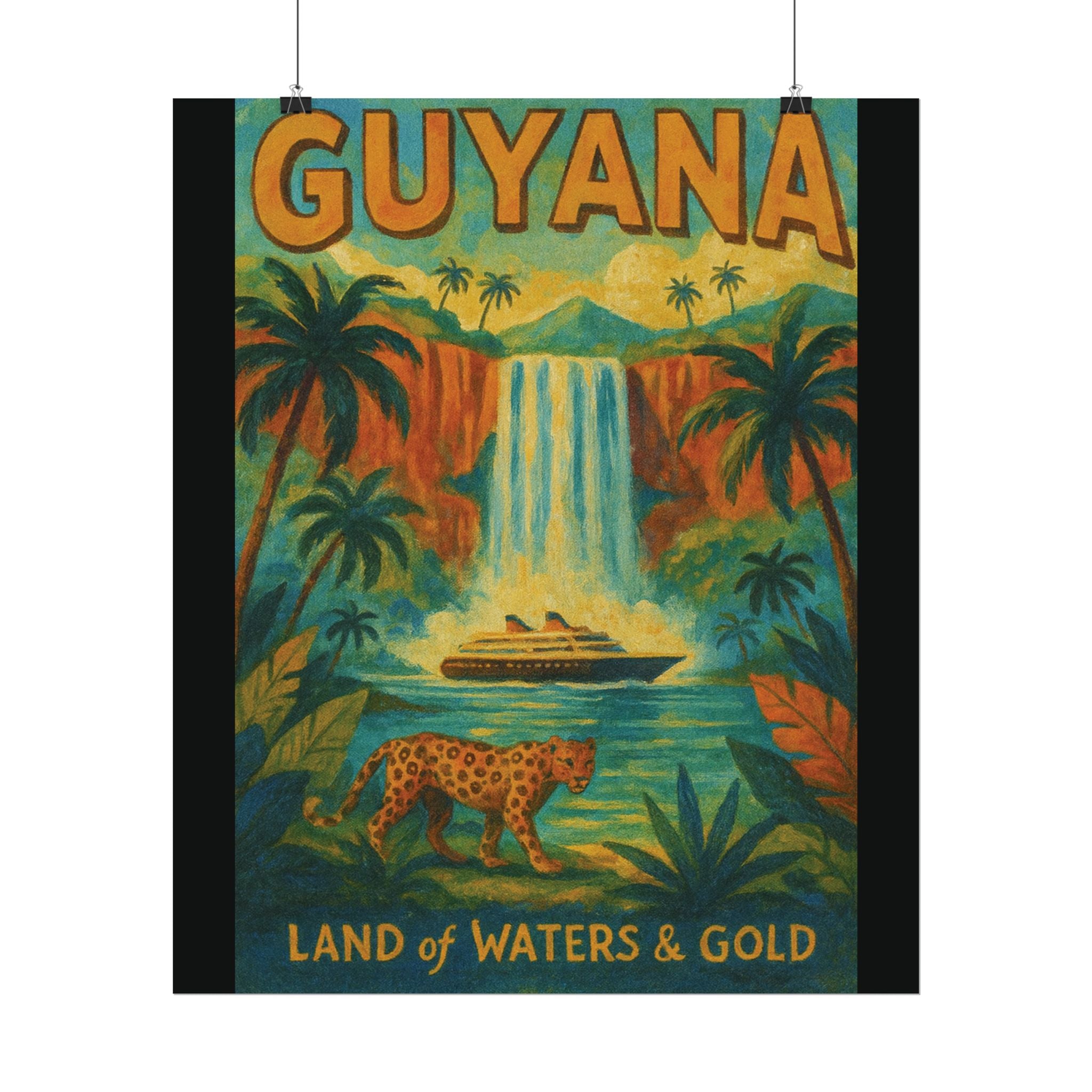 Guyana Waterfall Travel Poster — Textured Watercolor Matte Print ("Land of Waters & Gold")