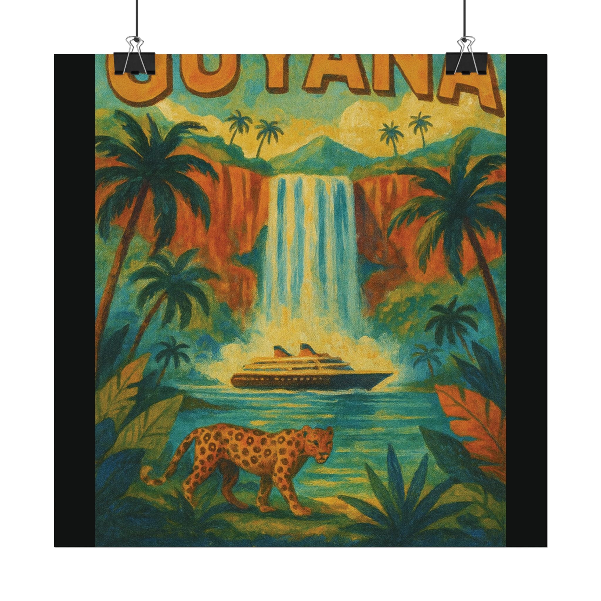 Guyana Waterfall Travel Poster — Textured Watercolor Matte Print ("Land of Waters & Gold")