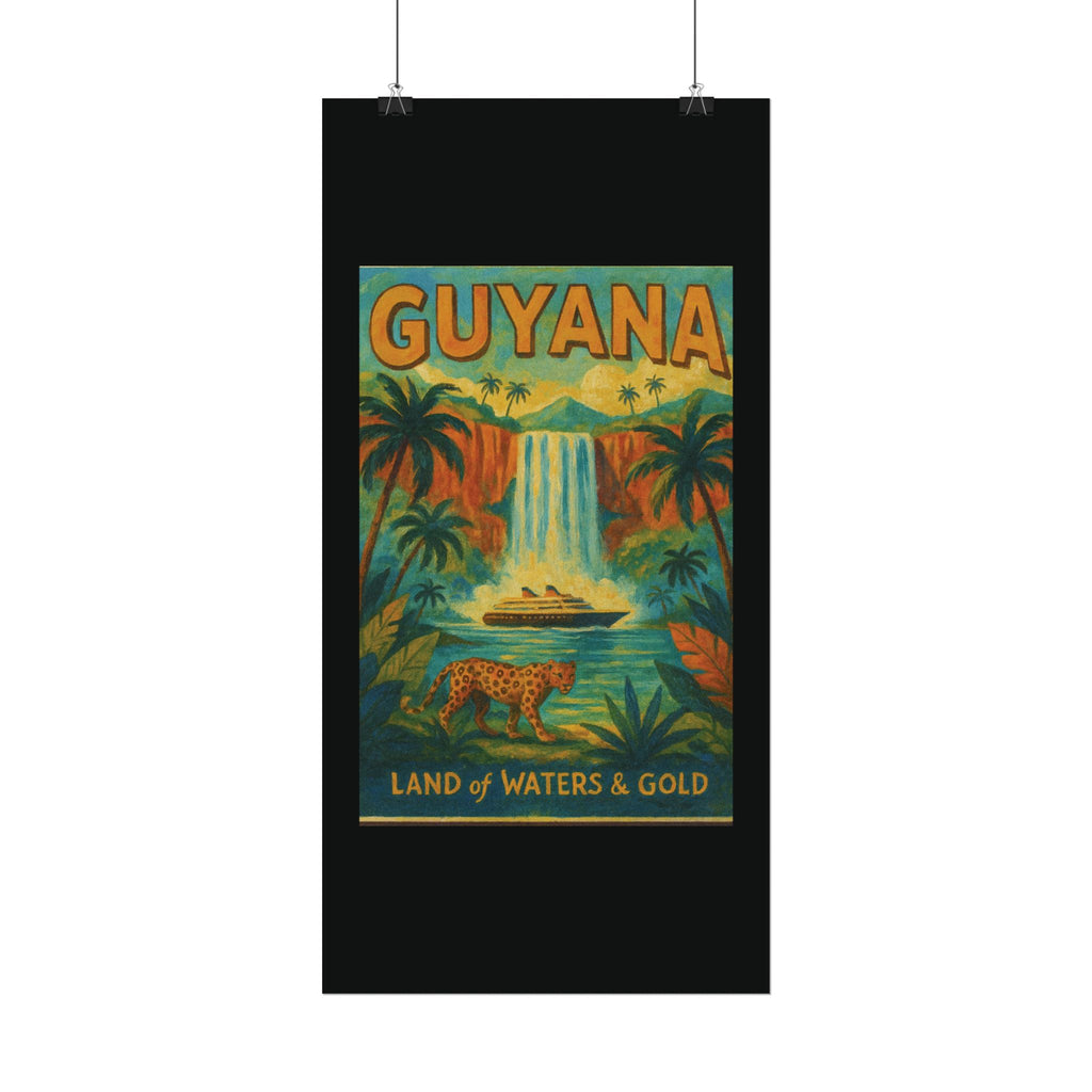 Guyana Waterfall Travel Poster — Textured Watercolor Matte Print ("Land of Waters & Gold")