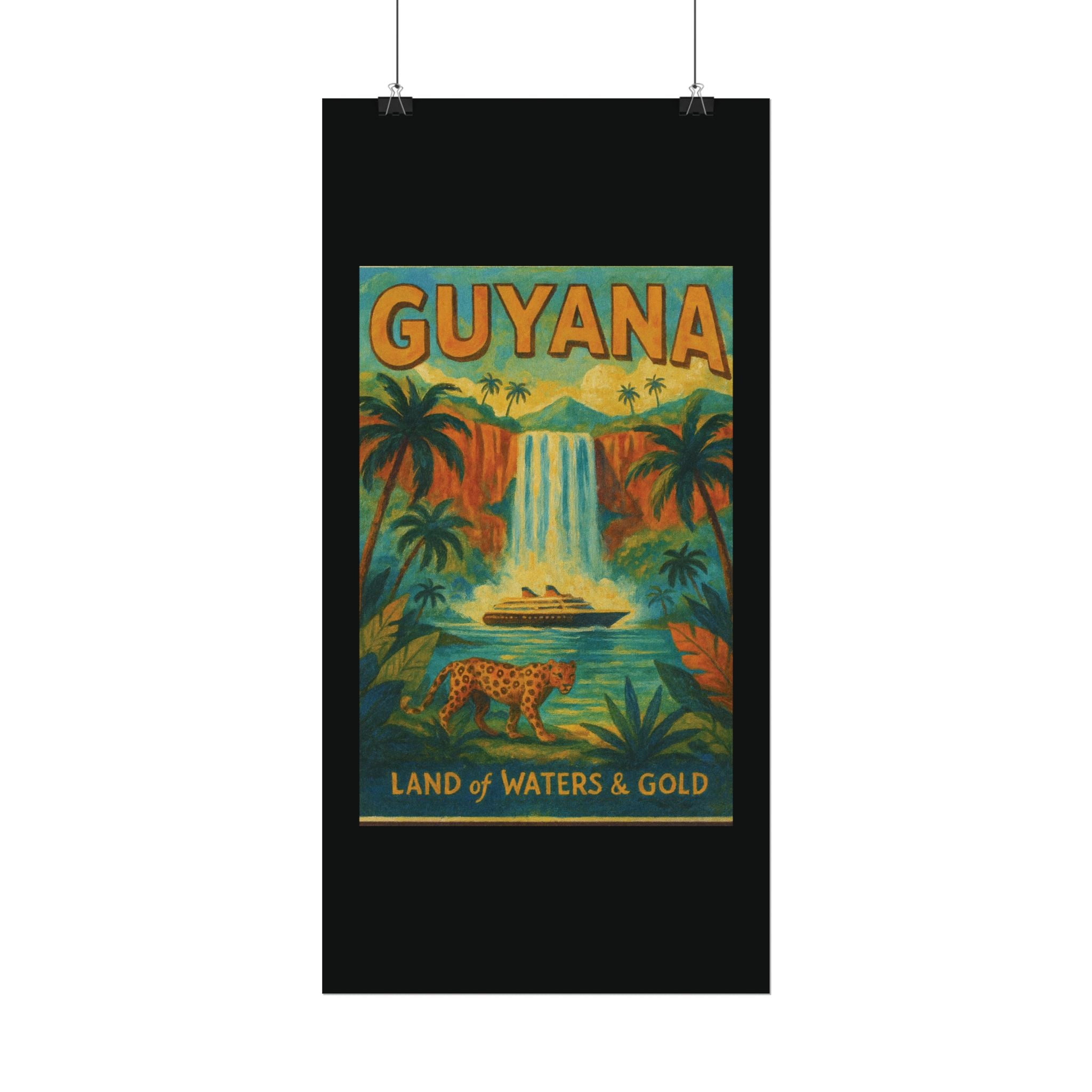 Guyana Waterfall Travel Poster — Textured Watercolor Matte Print ("Land of Waters & Gold")