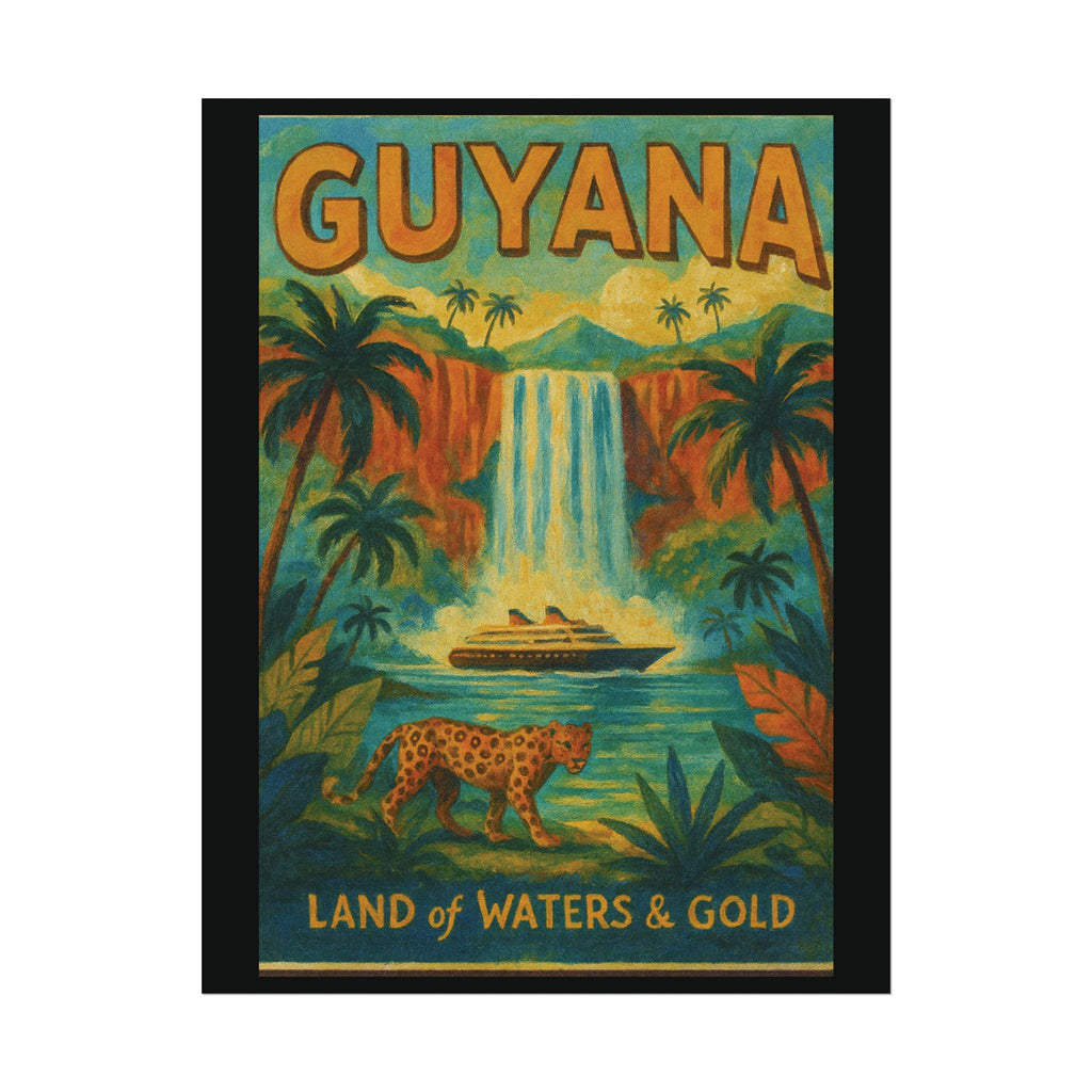 Guyana Waterfall Travel Poster — Textured Watercolor Matte Print ("Land of Waters & Gold")
