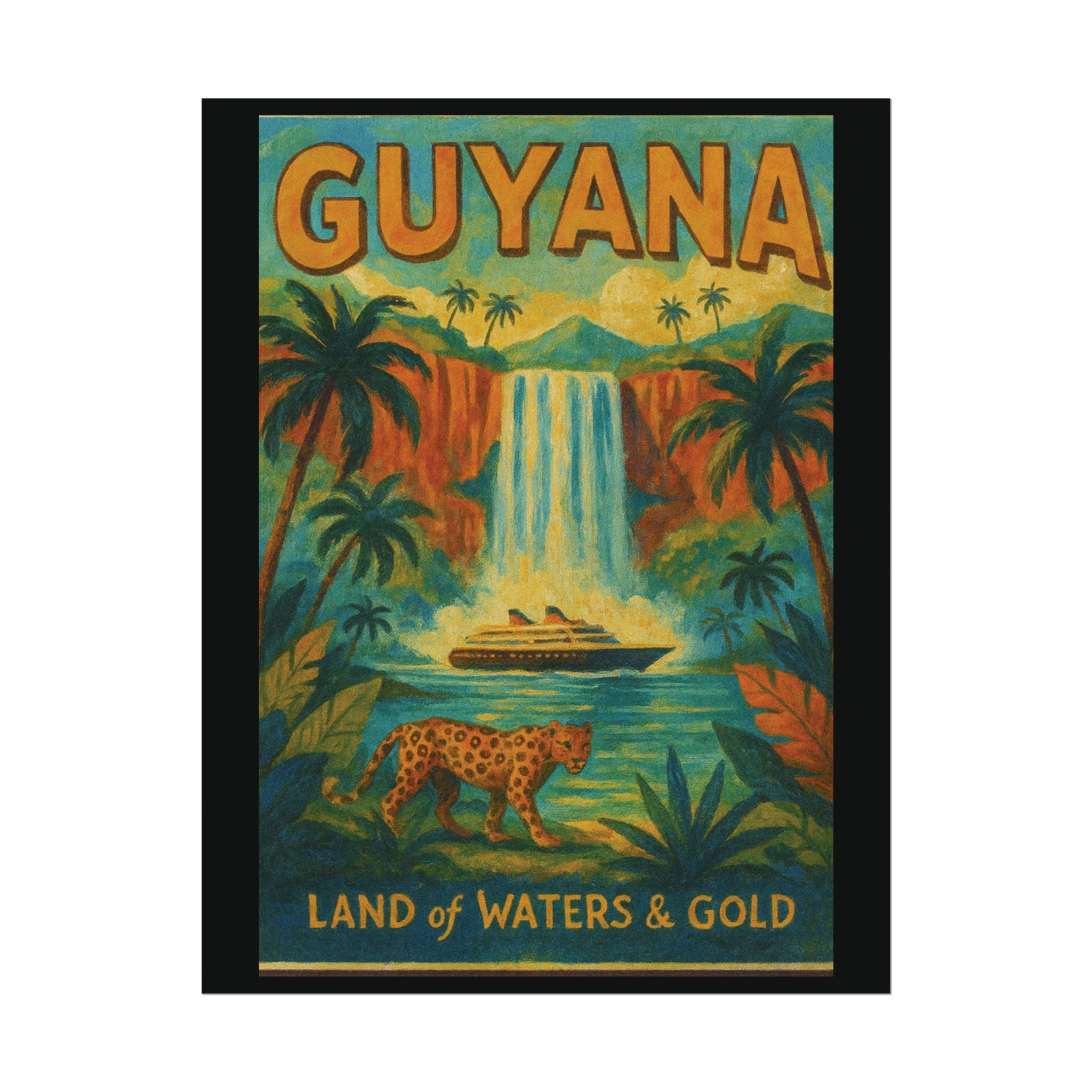 Guyana Waterfall Travel Poster — Textured Watercolor Matte Print ("Land of Waters & Gold")