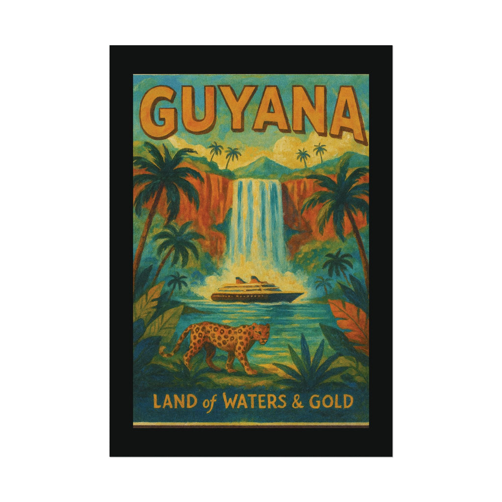 Guyana Waterfall Travel Poster — Textured Watercolor Matte Print ("Land of Waters & Gold")