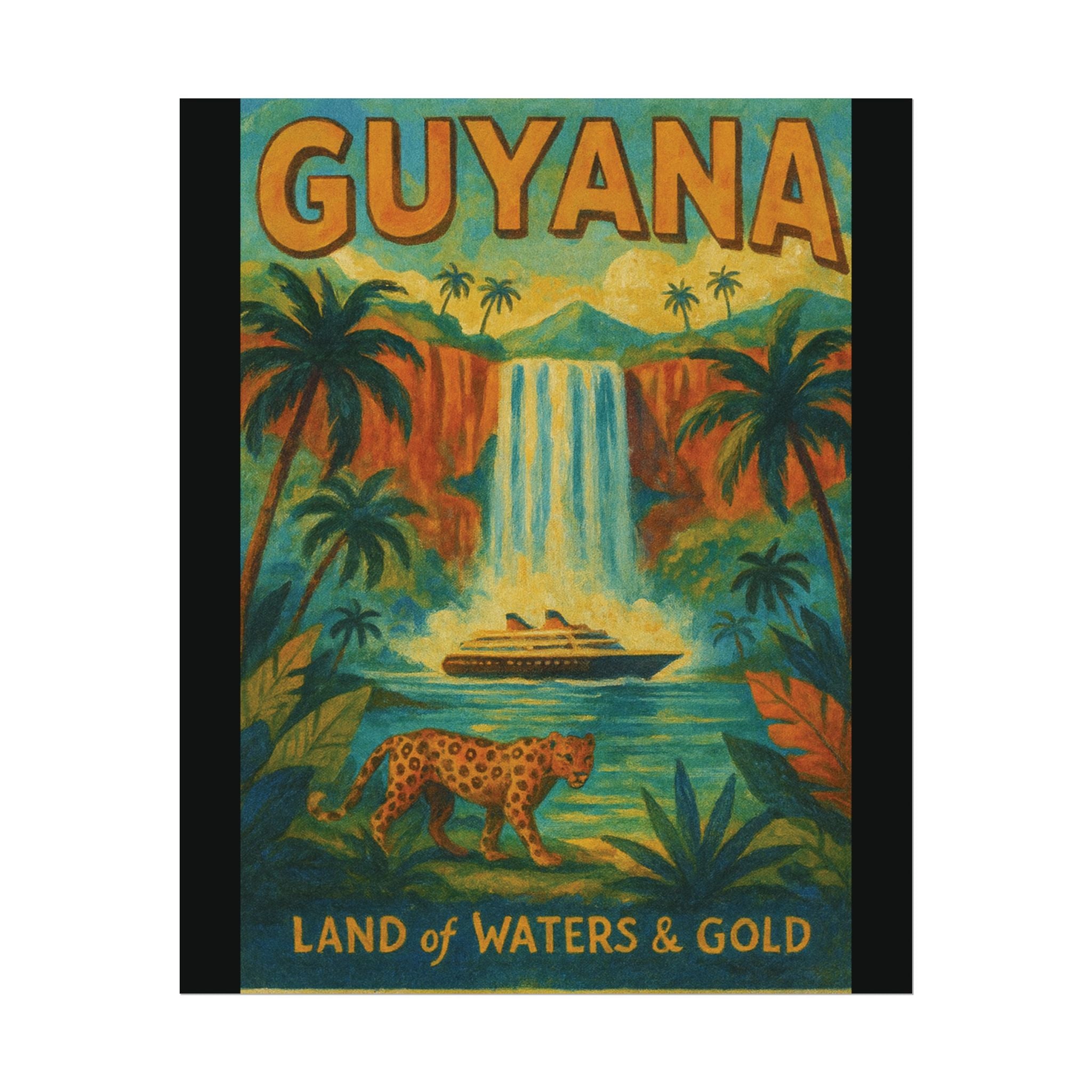Guyana Waterfall Travel Poster — Textured Watercolor Matte Print ("Land of Waters & Gold")