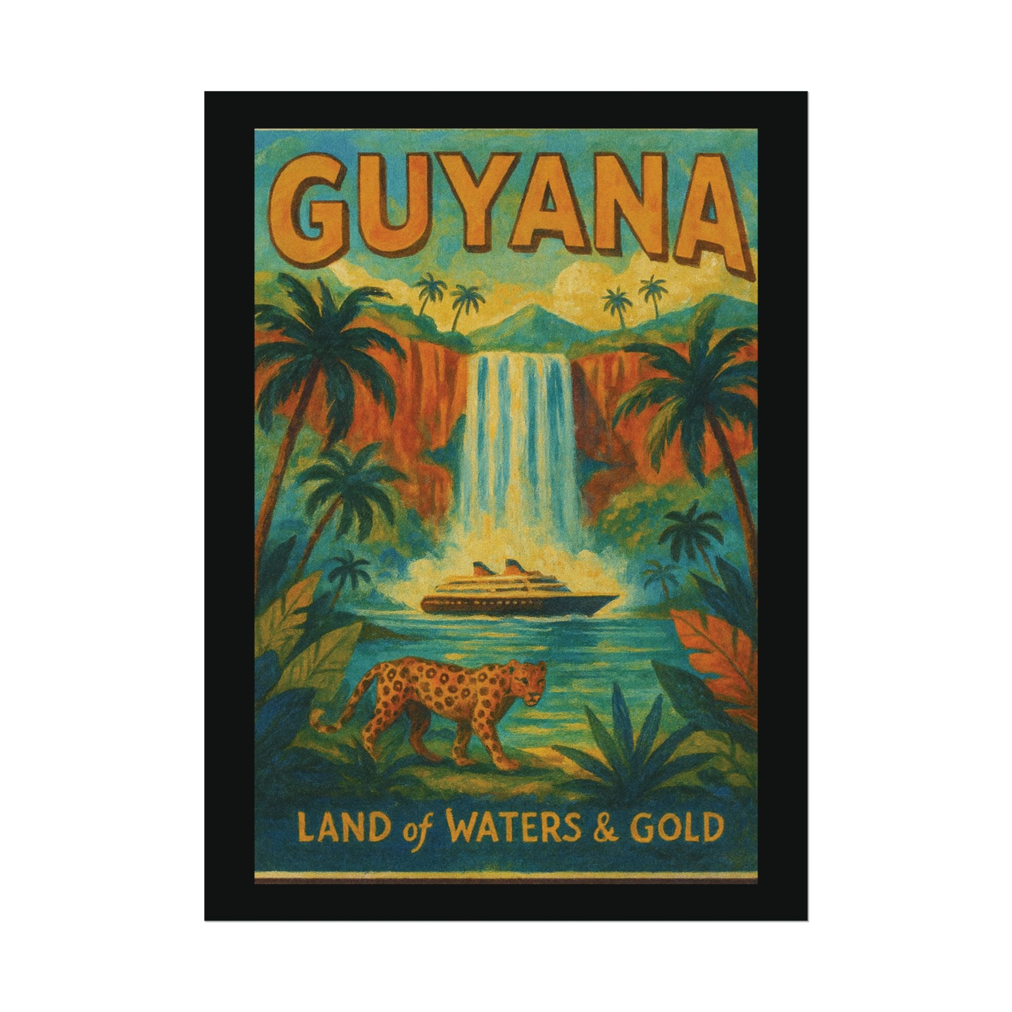 Guyana Waterfall Travel Poster — Textured Watercolor Matte Print ("Land of Waters & Gold")