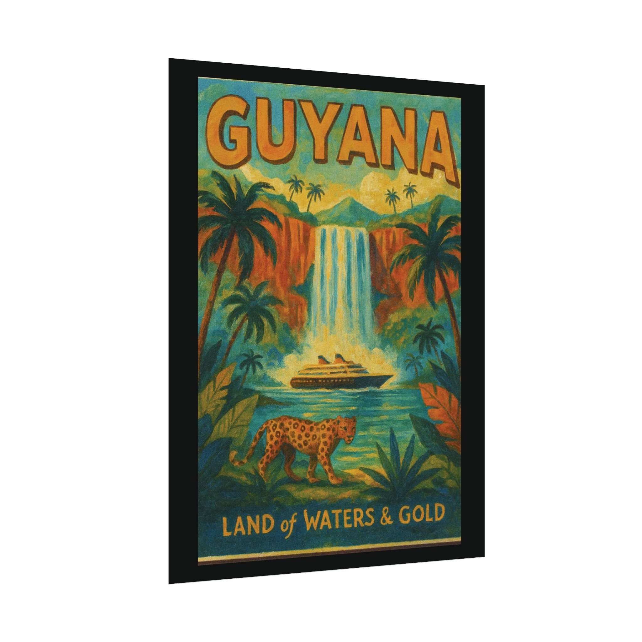 Guyana Waterfall Travel Poster — Textured Watercolor Matte Print ("Land of Waters & Gold")