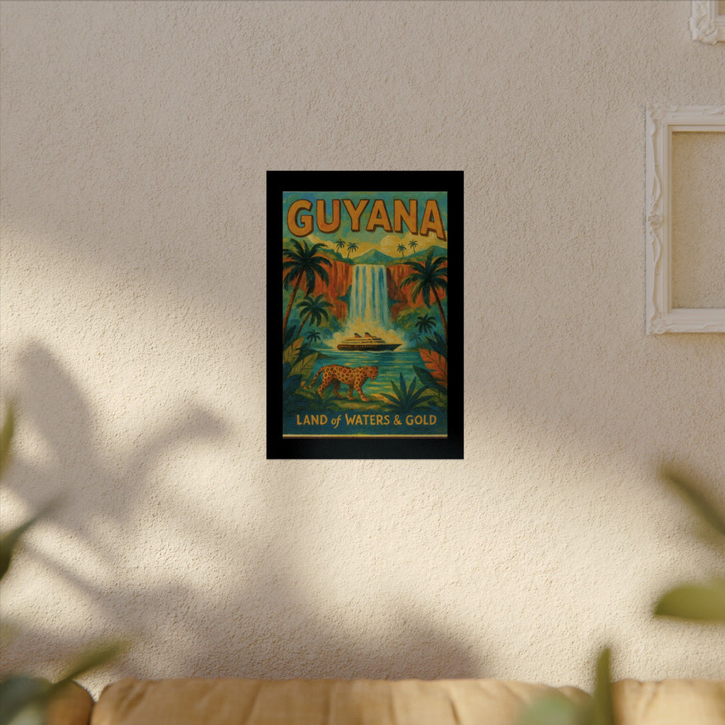 Guyana Waterfall Travel Poster — Textured Watercolor Matte Print ("Land of Waters & Gold")