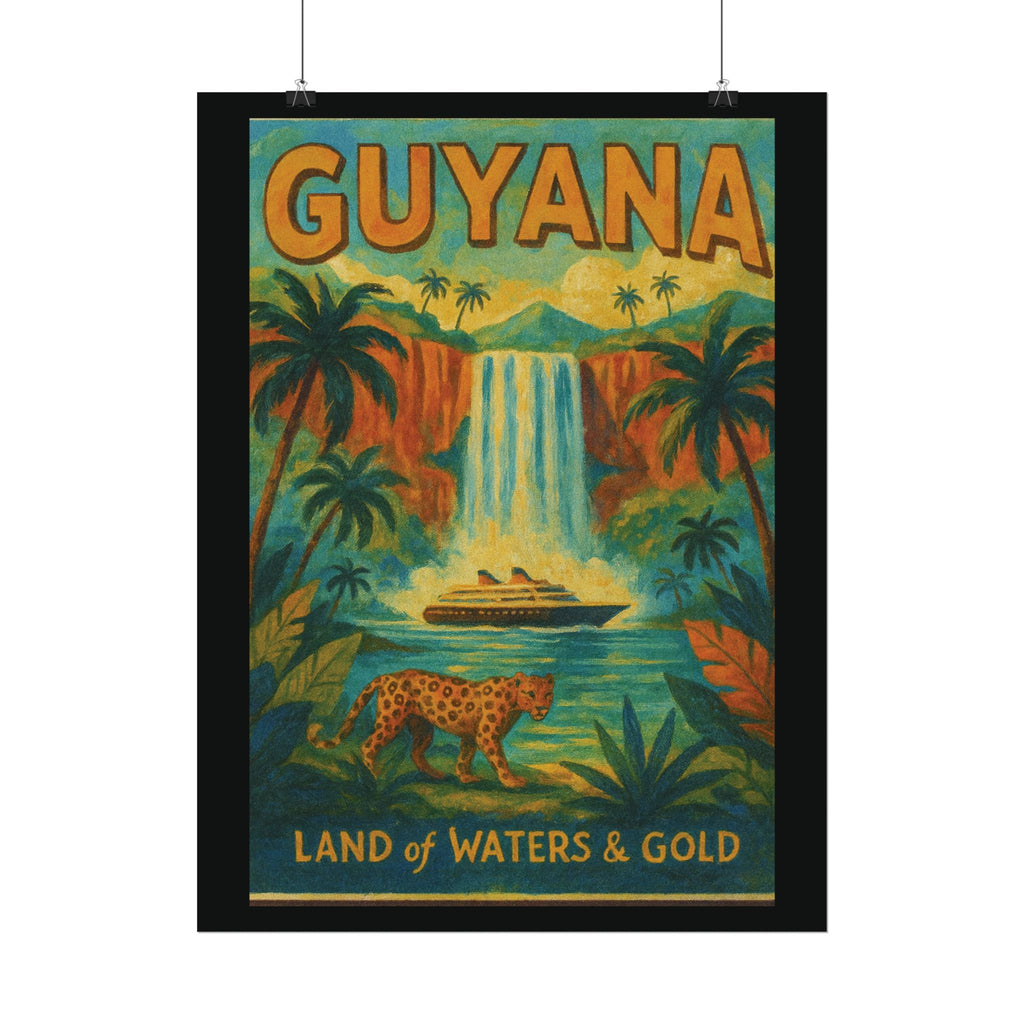 Guyana Waterfall Travel Poster — Textured Watercolor Matte Print ("Land of Waters & Gold")