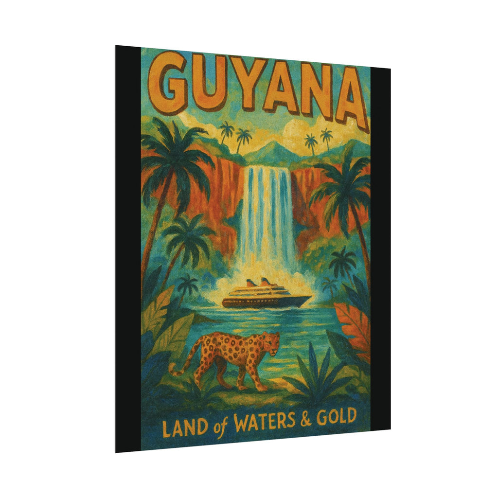 Guyana Waterfall Travel Poster — Textured Watercolor Matte Print ("Land of Waters & Gold")