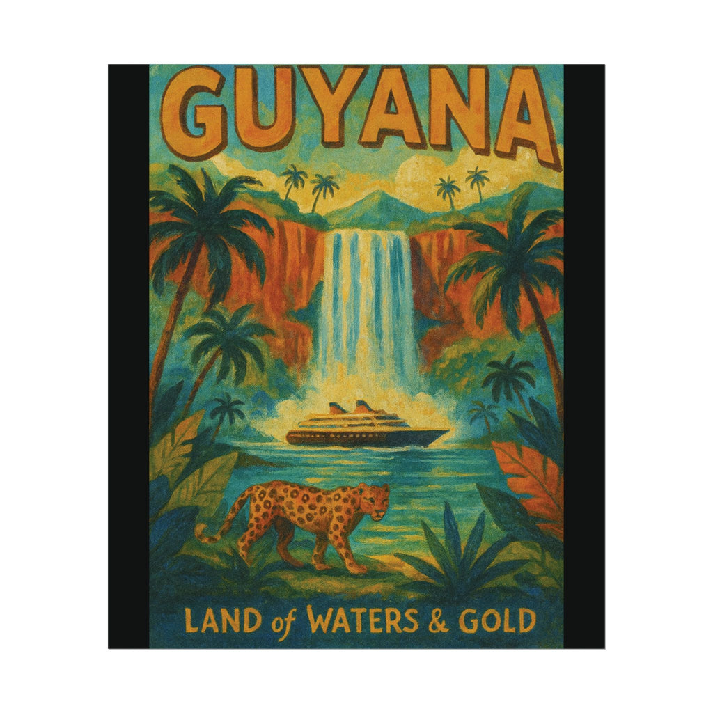 Guyana Waterfall Travel Poster — Textured Watercolor Matte Print ("Land of Waters & Gold")