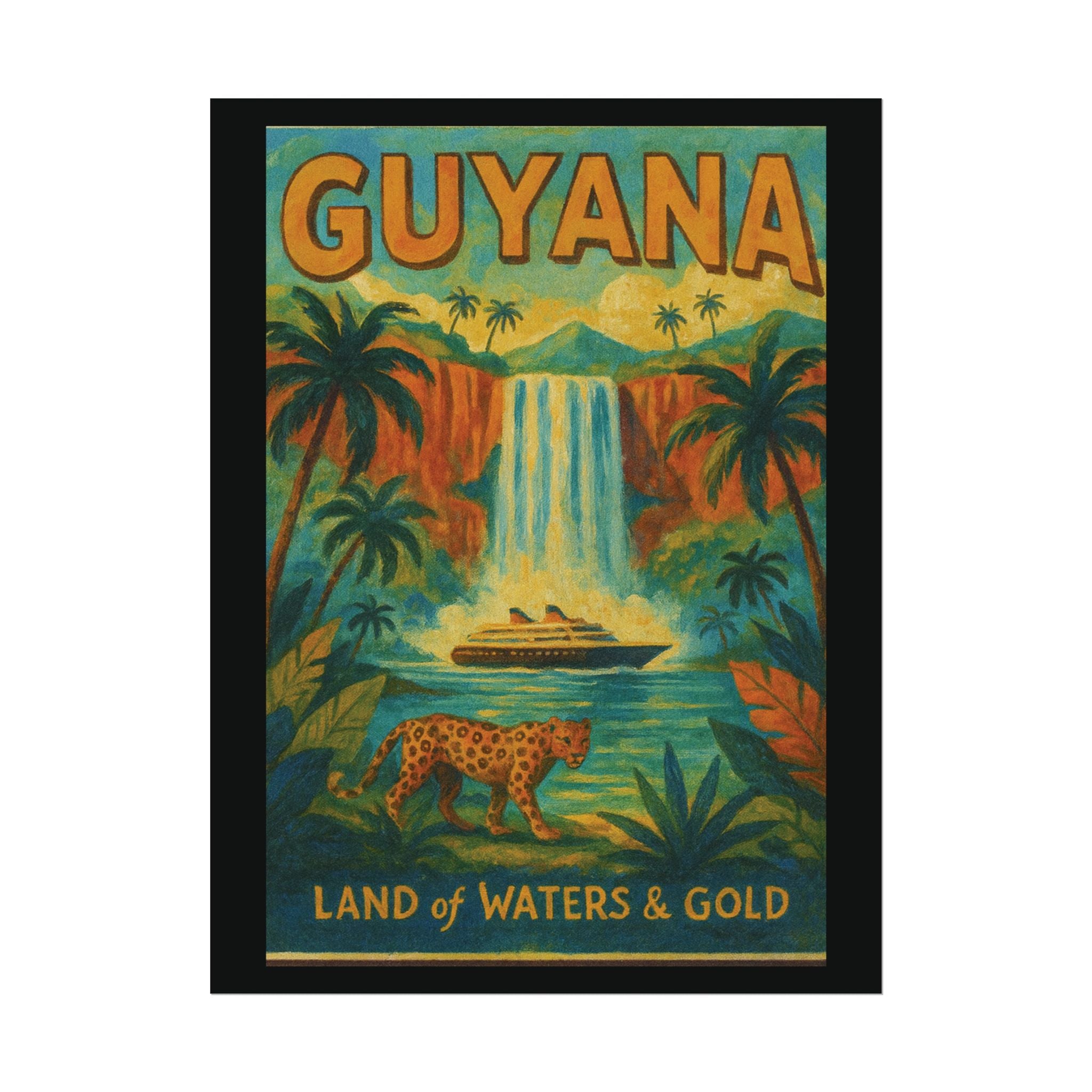 Guyana Waterfall Travel Poster — Textured Watercolor Matte Print ("Land of Waters & Gold")