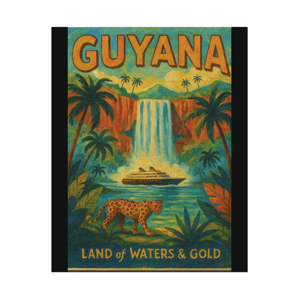 Guyana Waterfall Travel Poster — Textured Watercolor Matte Print ("Land of Waters & Gold")