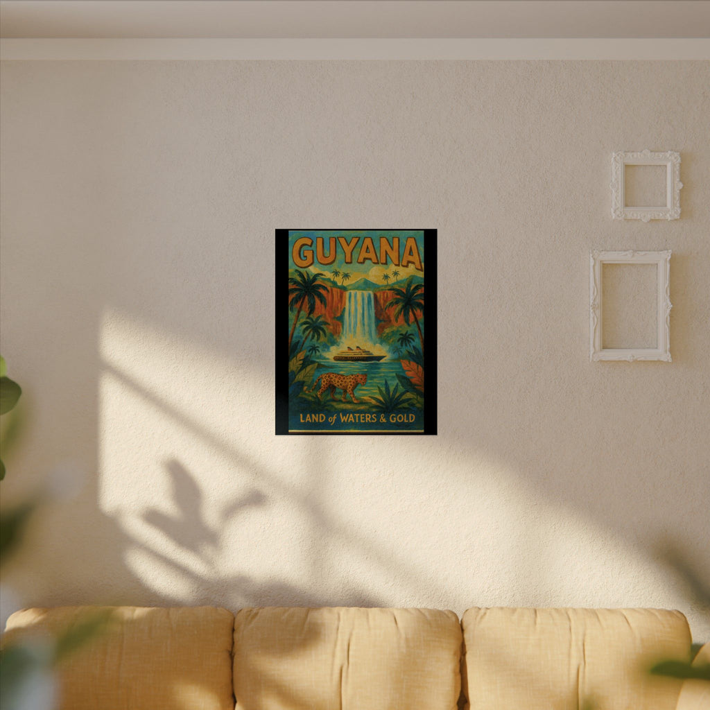 Guyana Waterfall Travel Poster — Textured Watercolor Matte Print ("Land of Waters & Gold")