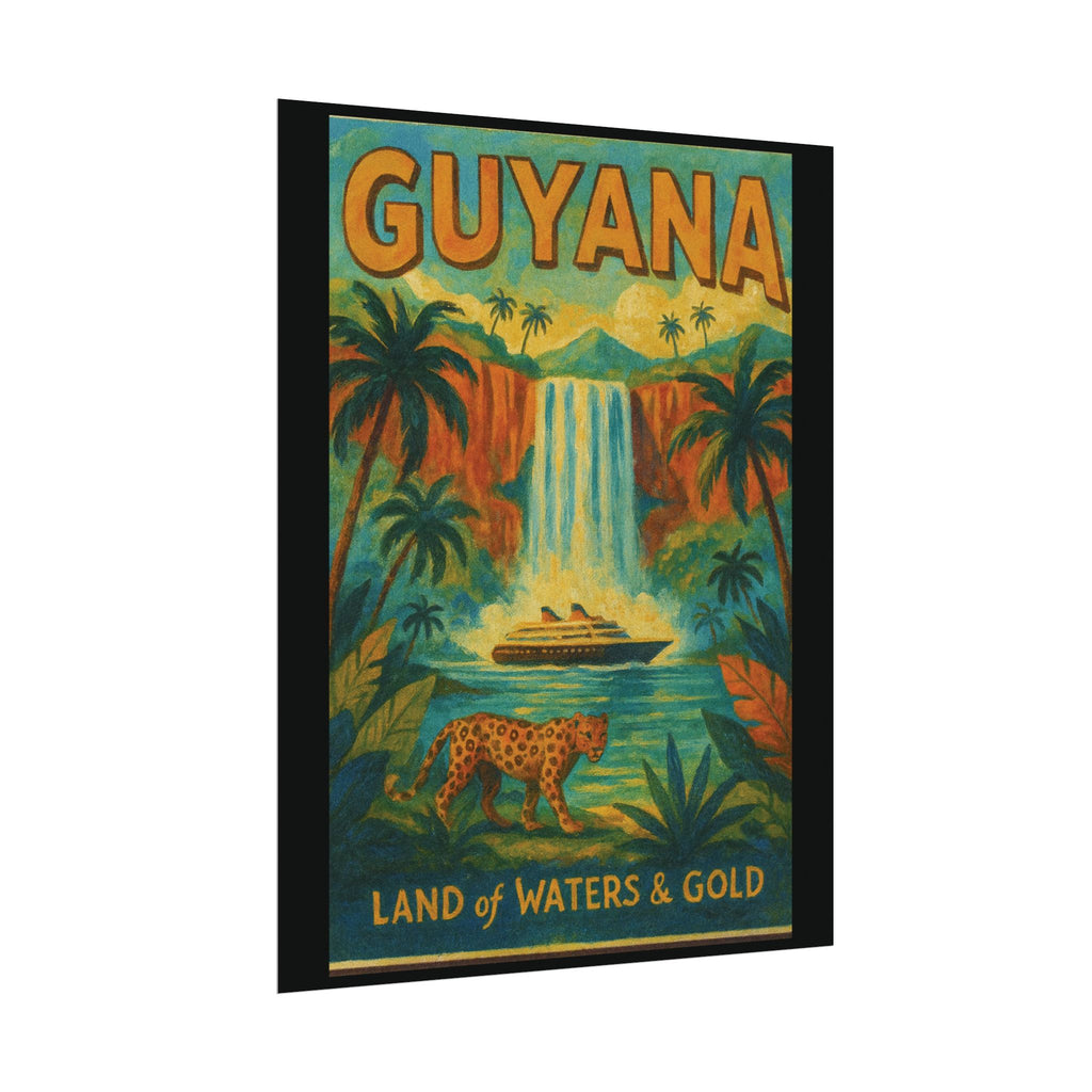 Guyana Waterfall Travel Poster — Textured Watercolor Matte Print ("Land of Waters & Gold")