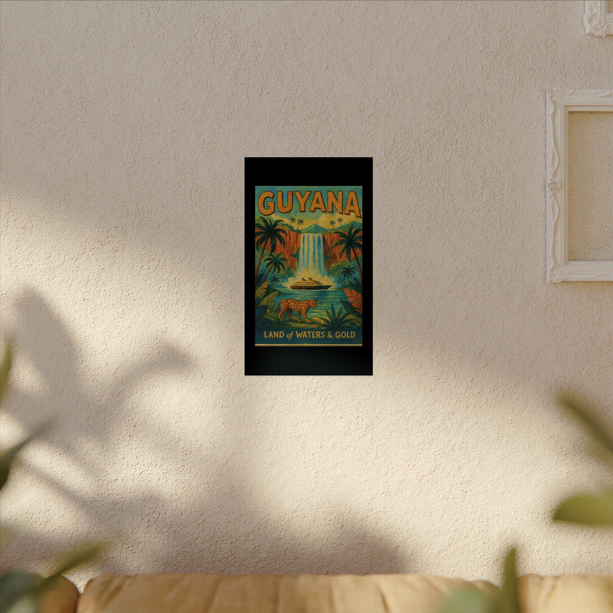 Guyana Waterfall Travel Poster — Textured Watercolor Matte Print ("Land of Waters & Gold")