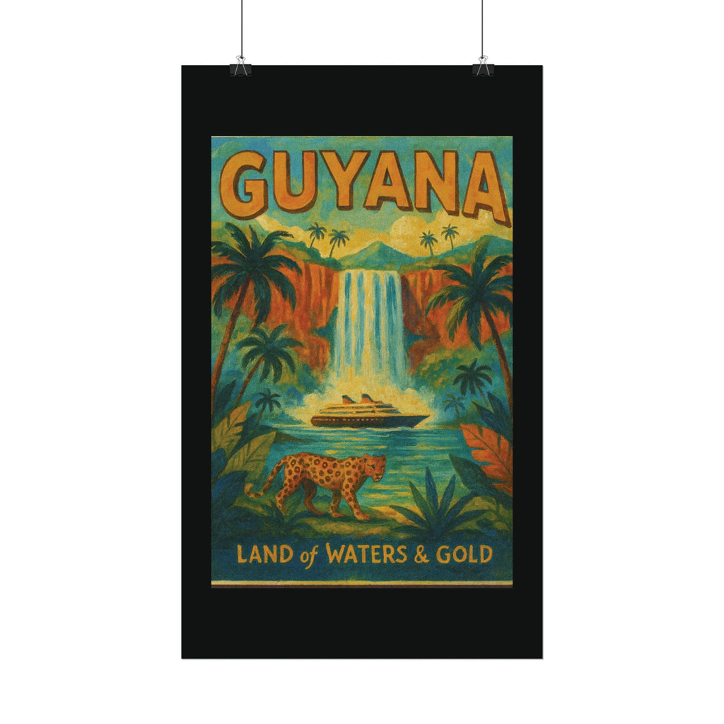 Guyana Waterfall Travel Poster — Textured Watercolor Matte Print ("Land of Waters & Gold")