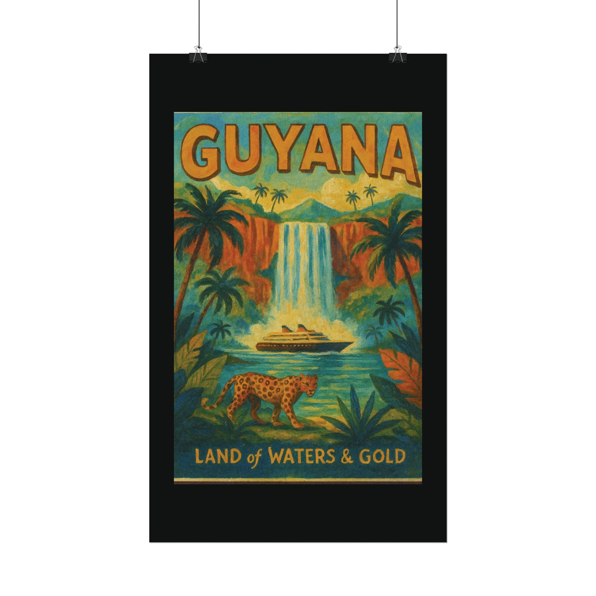 Guyana Waterfall Travel Poster — Textured Watercolor Matte Print ("Land of Waters & Gold")