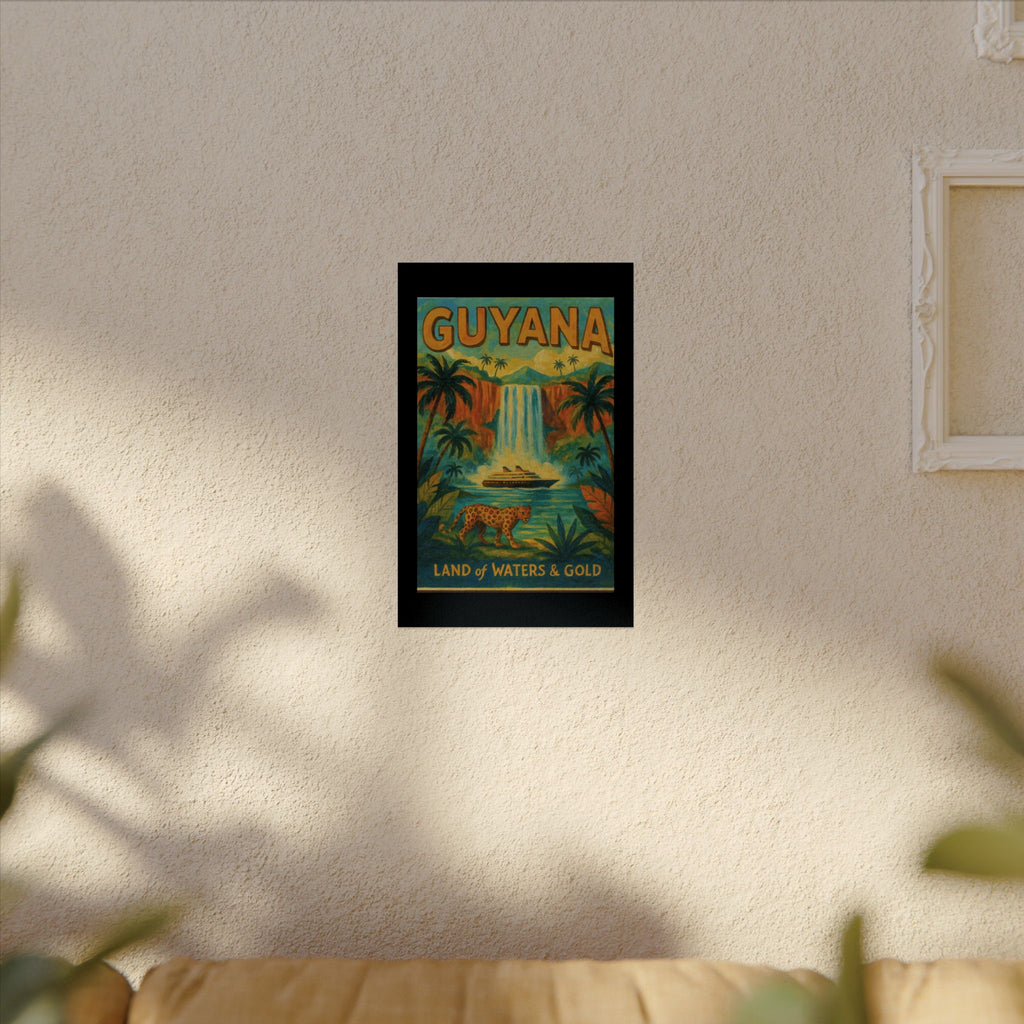 Guyana Waterfall Travel Poster — Textured Watercolor Matte Print ("Land of Waters & Gold")