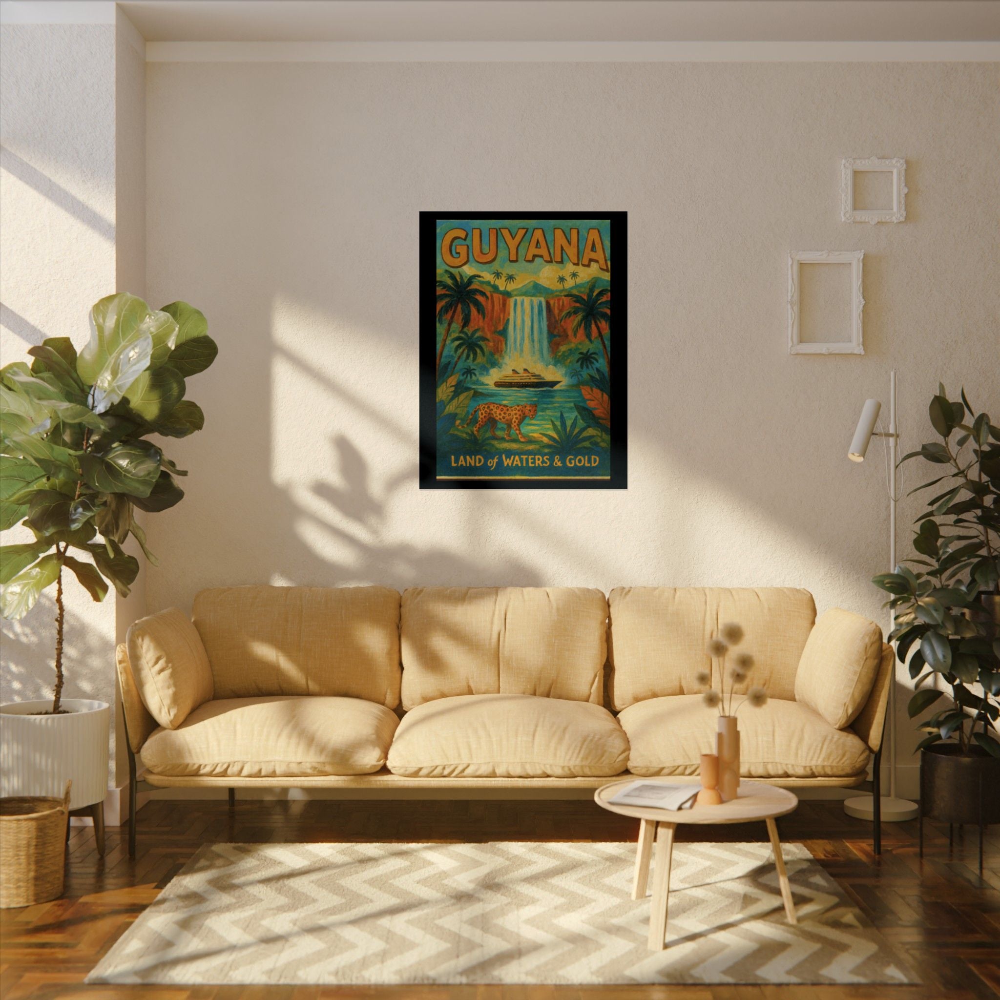 Guyana Waterfall Travel Poster — Textured Watercolor Matte Print ("Land of Waters & Gold")