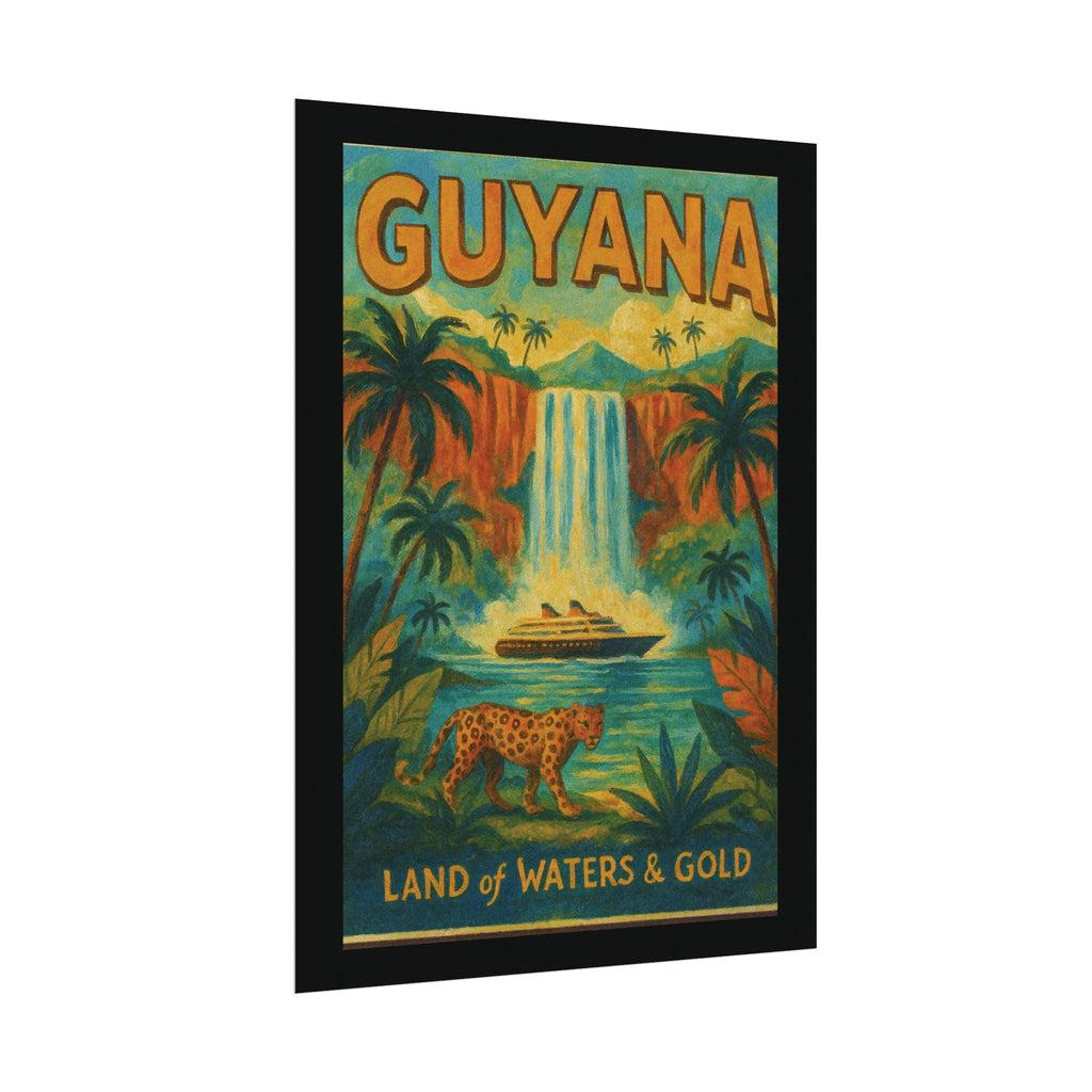 Guyana Waterfall Travel Poster — Textured Watercolor Matte Print ("Land of Waters & Gold")