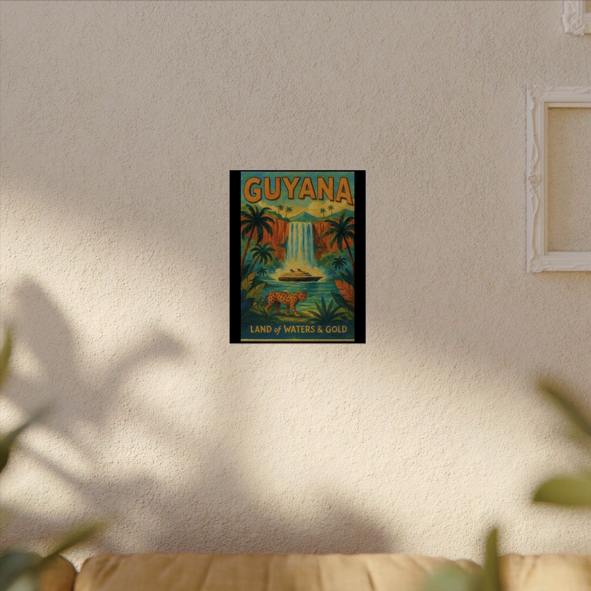 Guyana Waterfall Travel Poster — Textured Watercolor Matte Print ("Land of Waters & Gold")