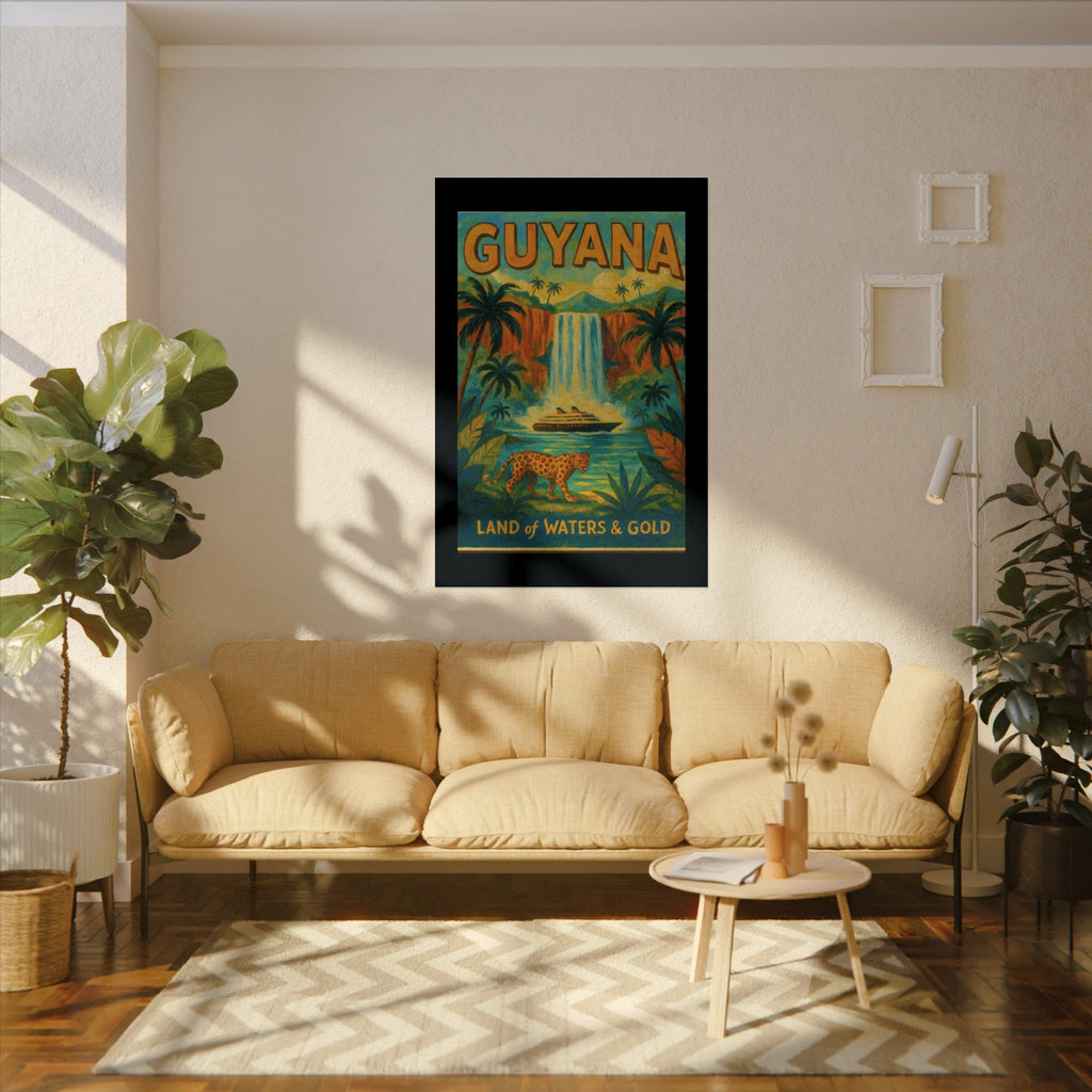Guyana Waterfall Travel Poster — Textured Watercolor Matte Print ("Land of Waters & Gold")