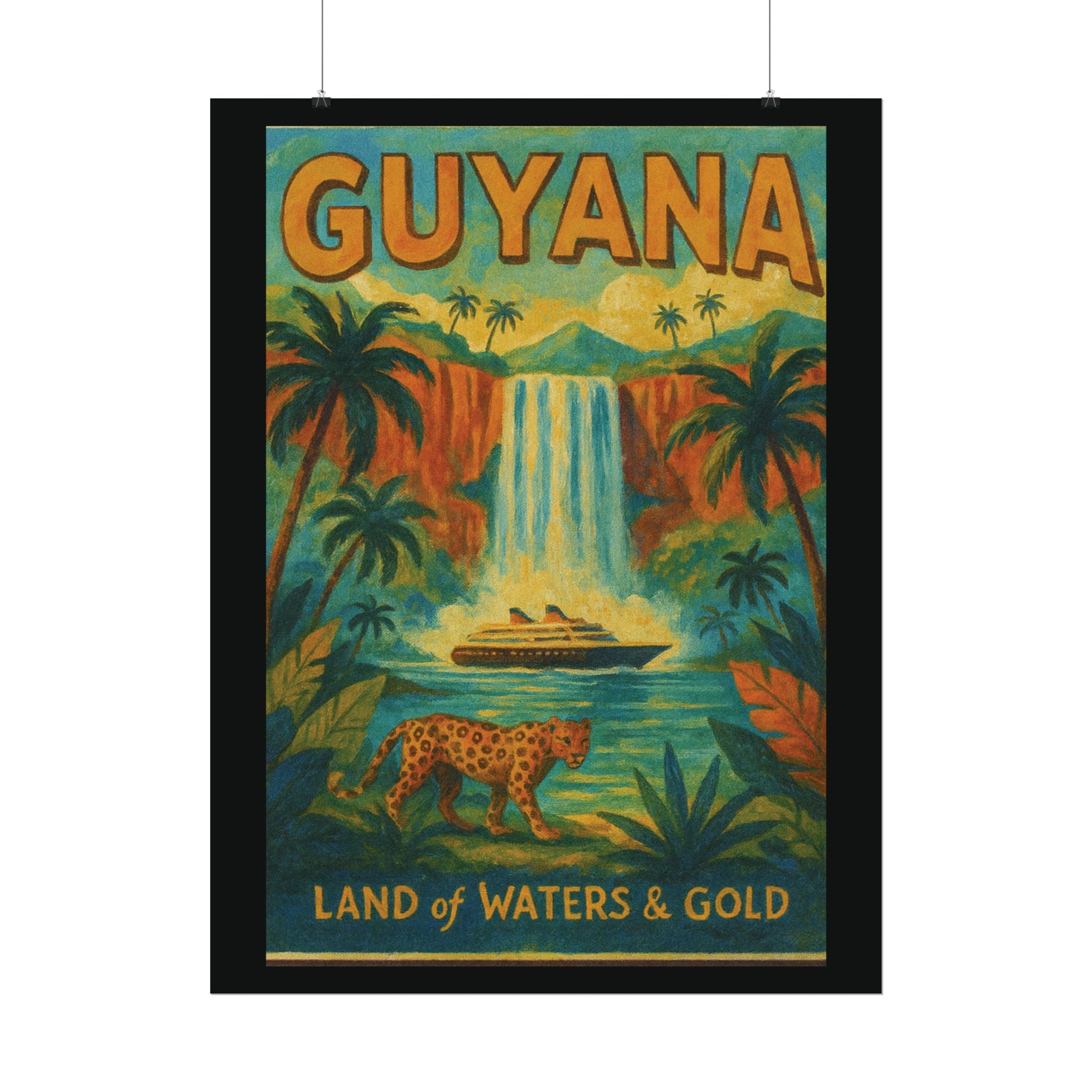 Guyana Waterfall Travel Poster — Textured Watercolor Matte Print ("Land of Waters & Gold")