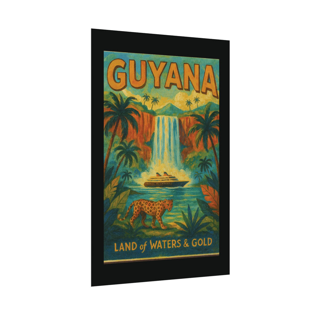 Guyana Waterfall Travel Poster — Textured Watercolor Matte Print ("Land of Waters & Gold")