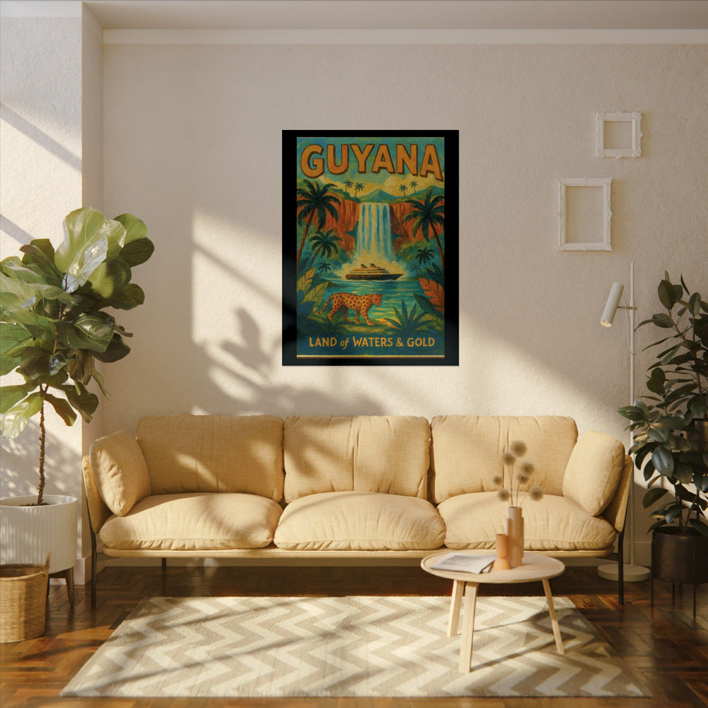 Guyana Waterfall Travel Poster — Textured Watercolor Matte Print ("Land of Waters & Gold")
