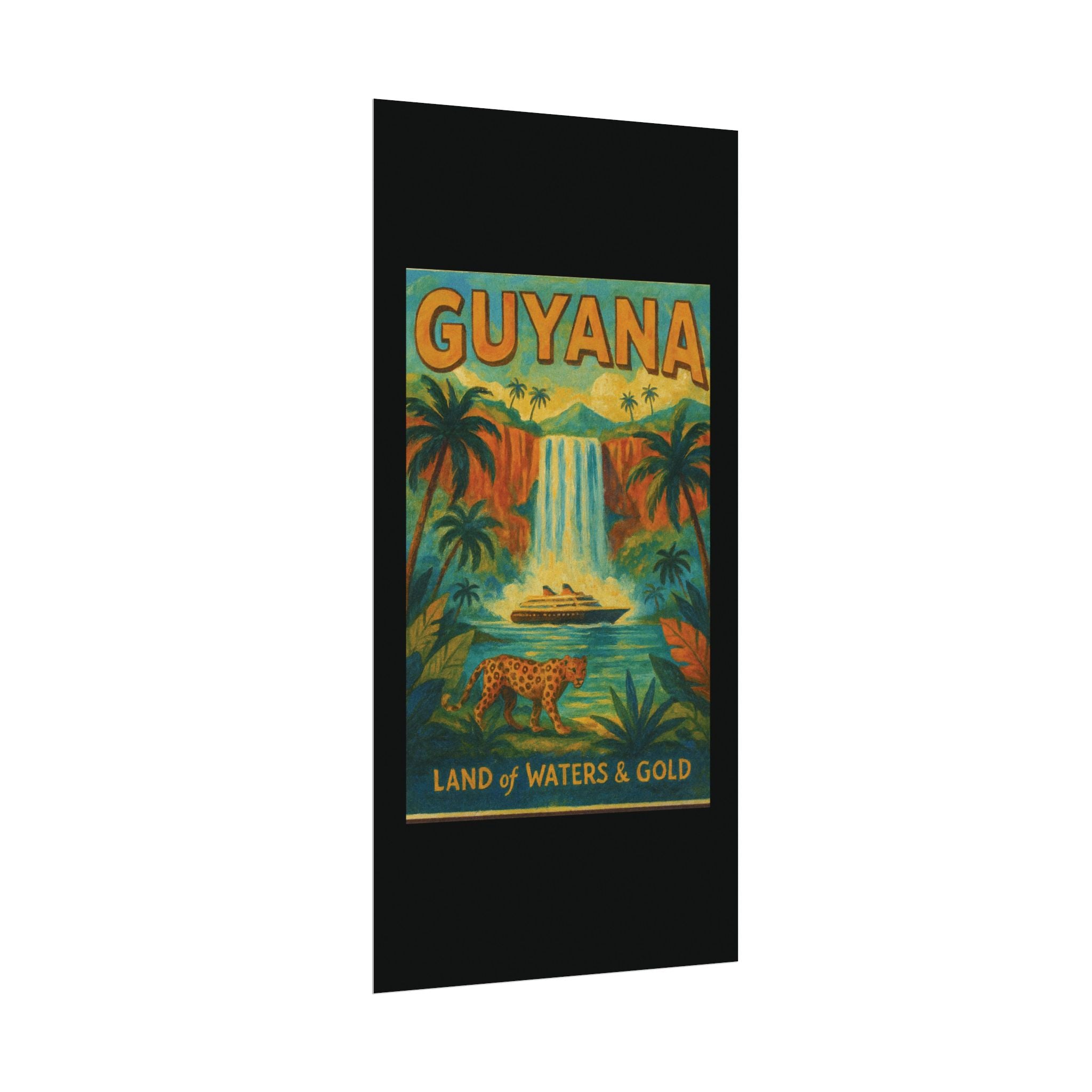 Guyana Waterfall Travel Poster — Textured Watercolor Matte Print ("Land of Waters & Gold")