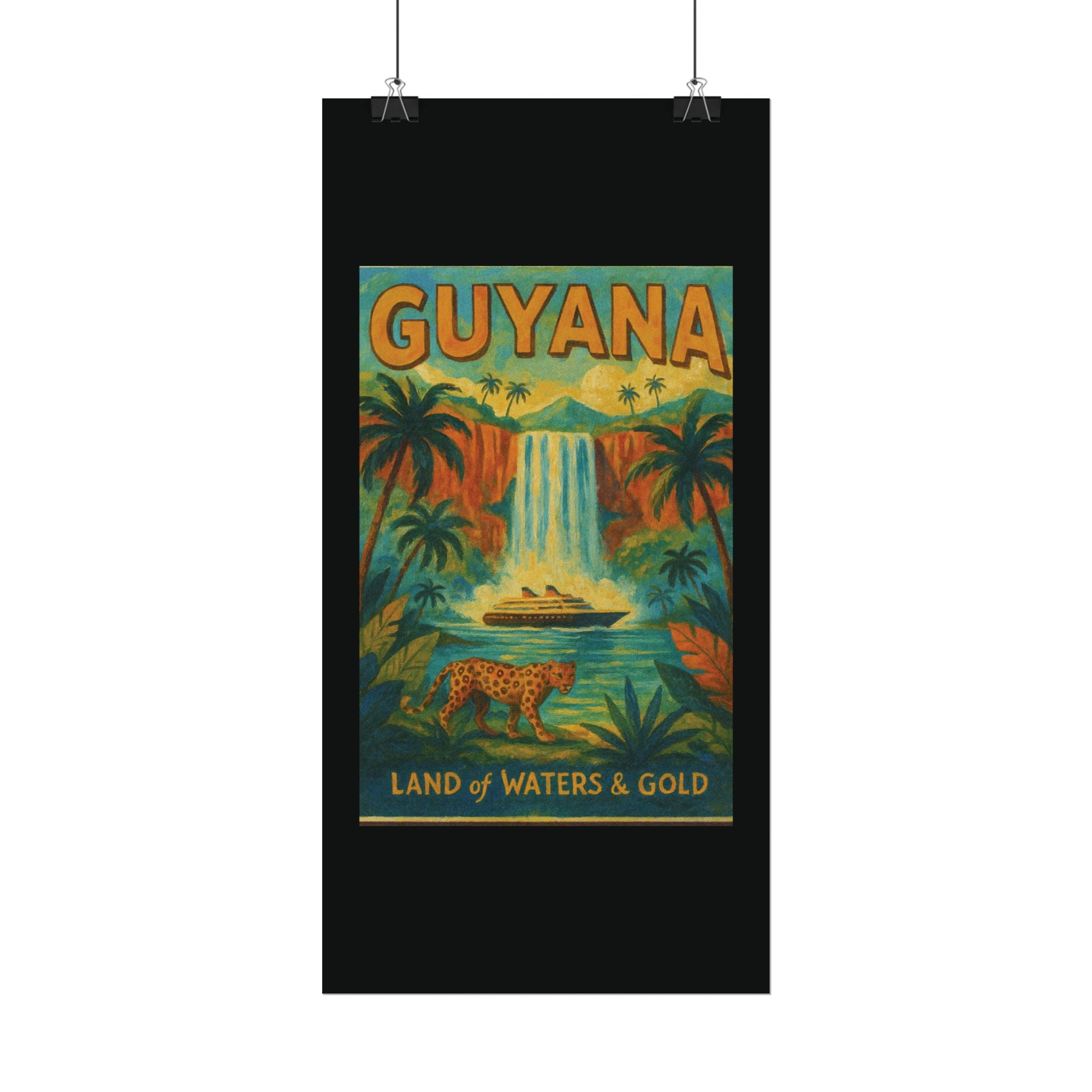 Guyana Waterfall Travel Poster — Textured Watercolor Matte Print ("Land of Waters & Gold")