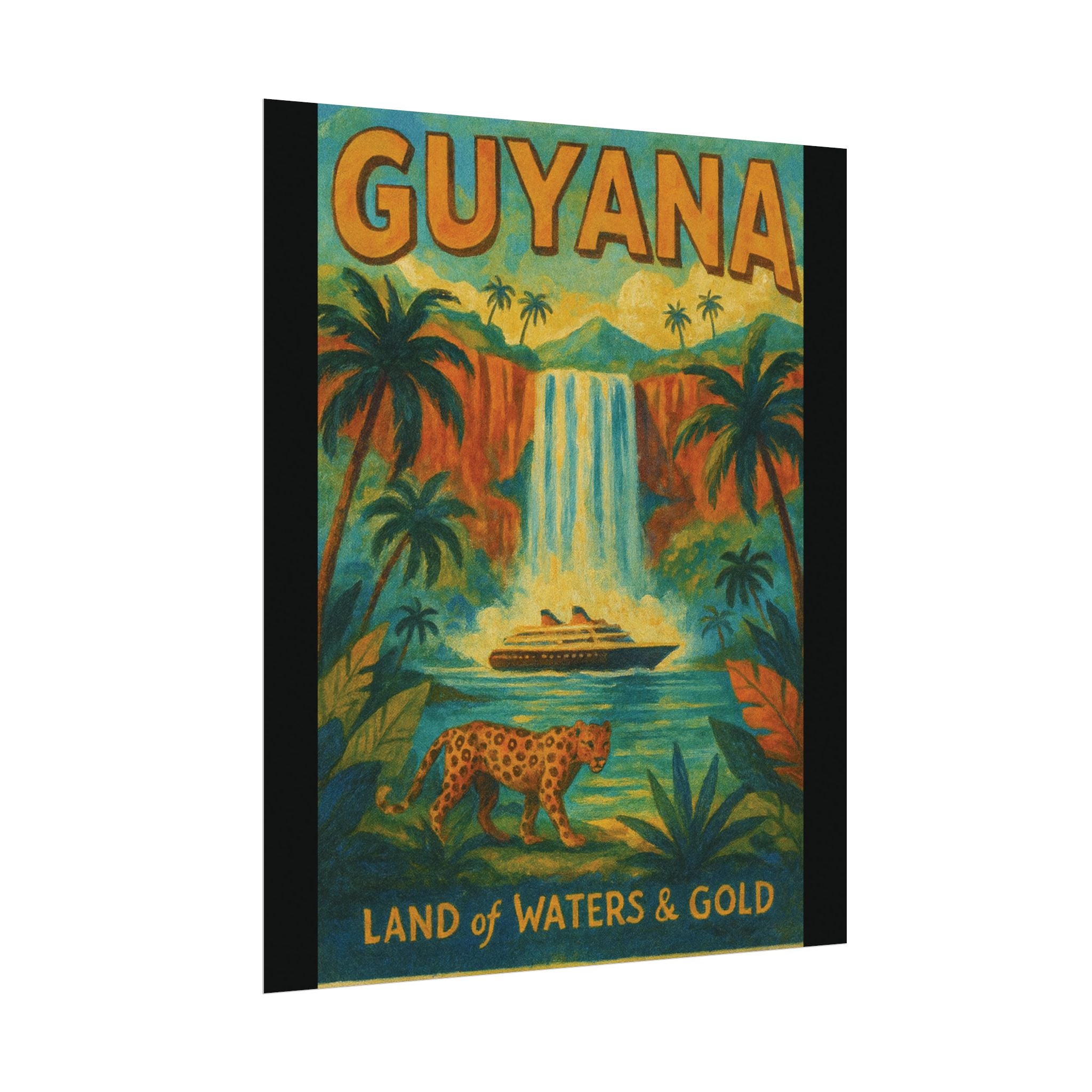 Guyana Waterfall Travel Poster — Textured Watercolor Matte Print ("Land of Waters & Gold")
