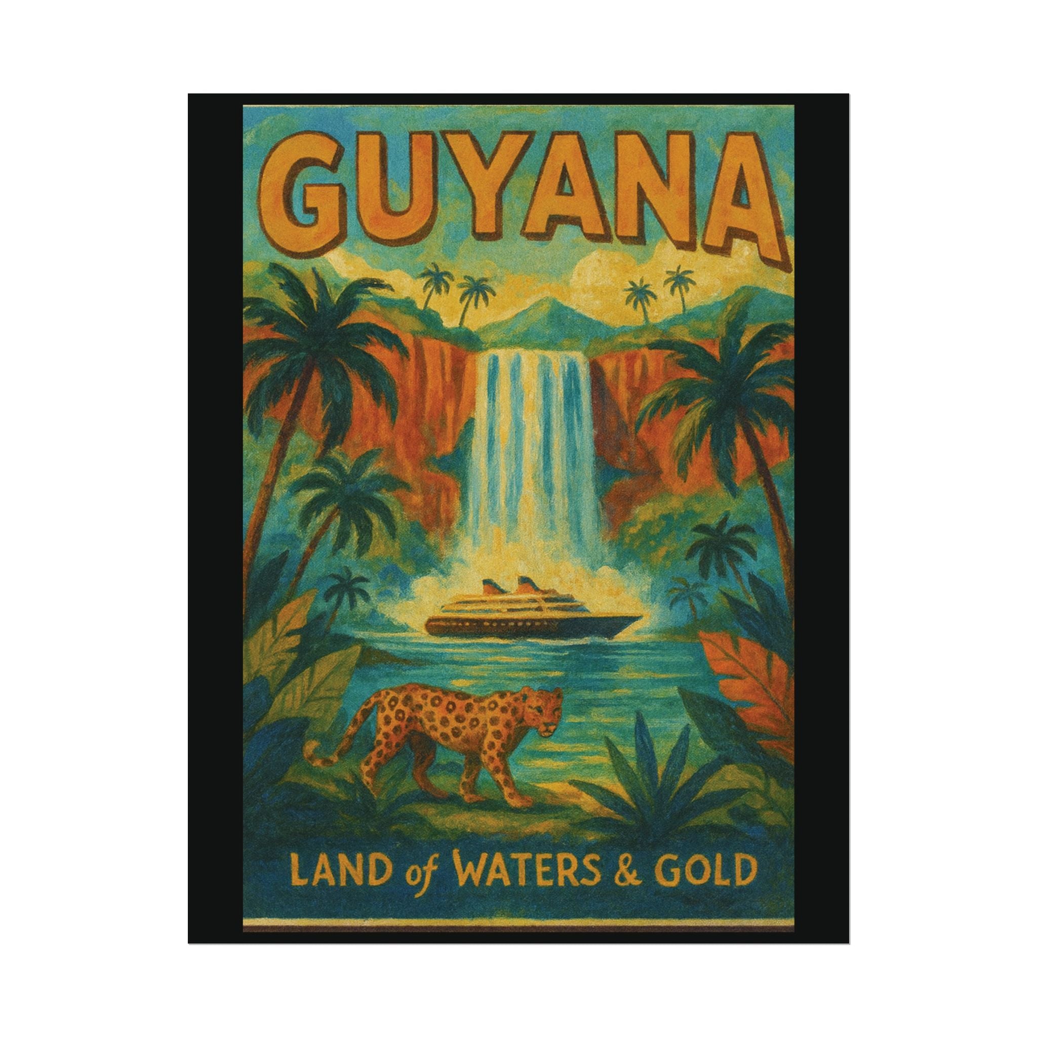 Guyana Waterfall Travel Poster — Textured Watercolor Matte Print ("Land of Waters & Gold")