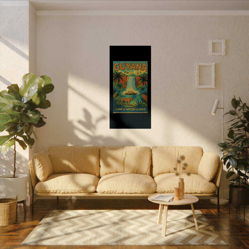 Guyana Waterfall Travel Poster — Textured Watercolor Matte Print ("Land of Waters & Gold")