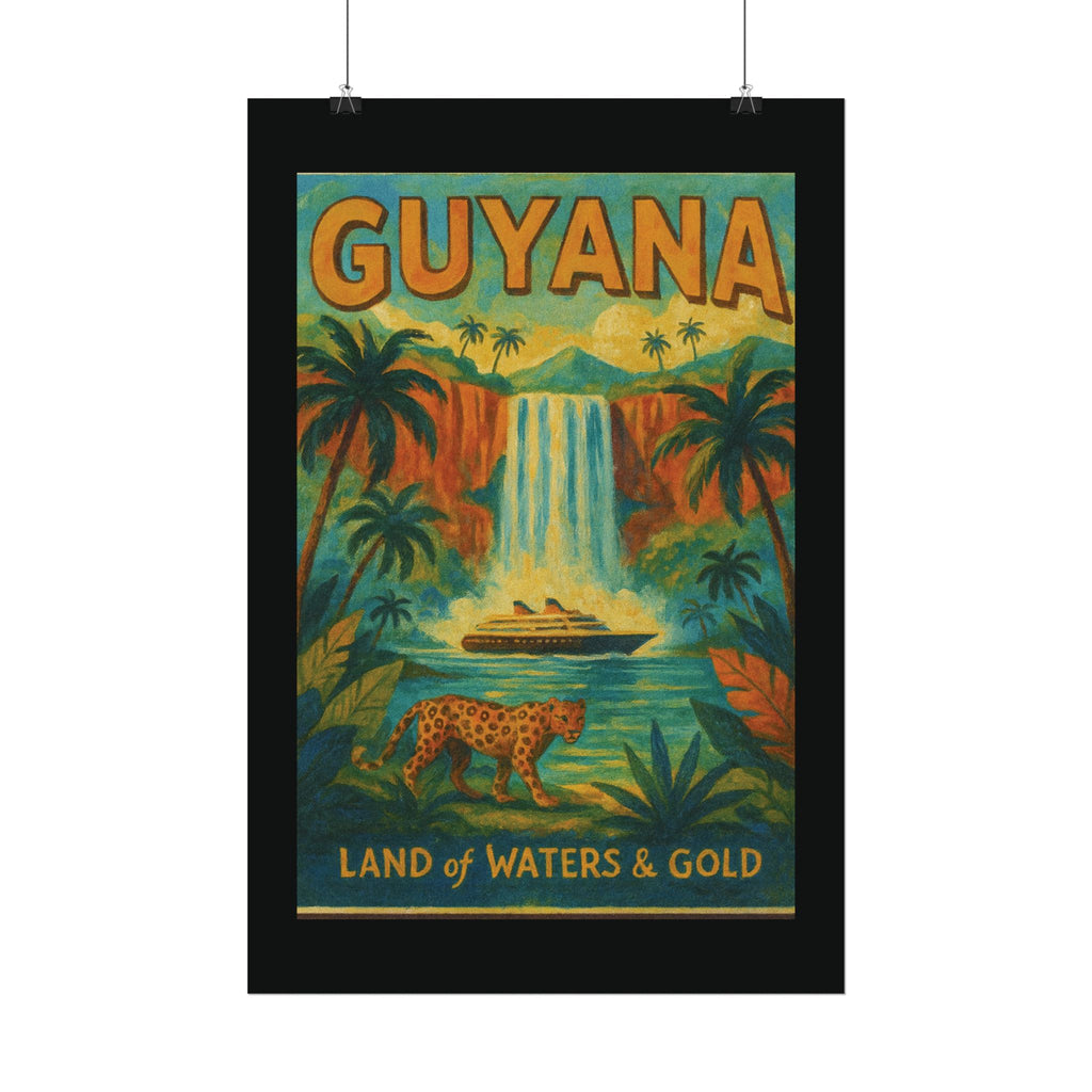 Guyana Waterfall Travel Poster — Textured Watercolor Matte Print ("Land of Waters & Gold")