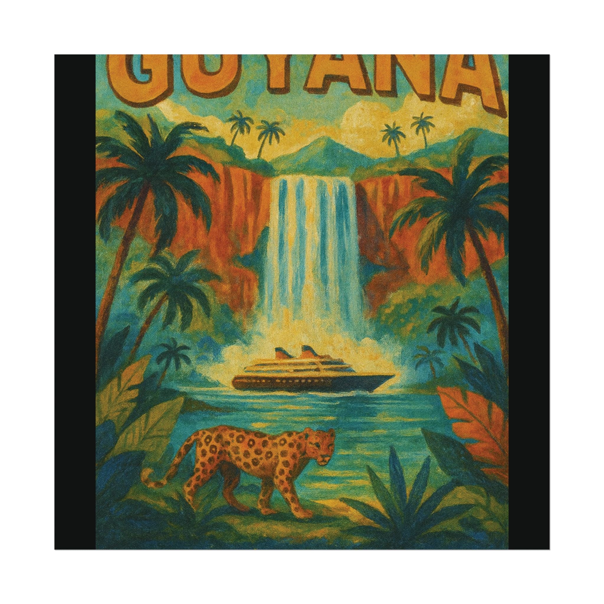 Guyana Waterfall Travel Poster — Textured Watercolor Matte Print ("Land of Waters & Gold")