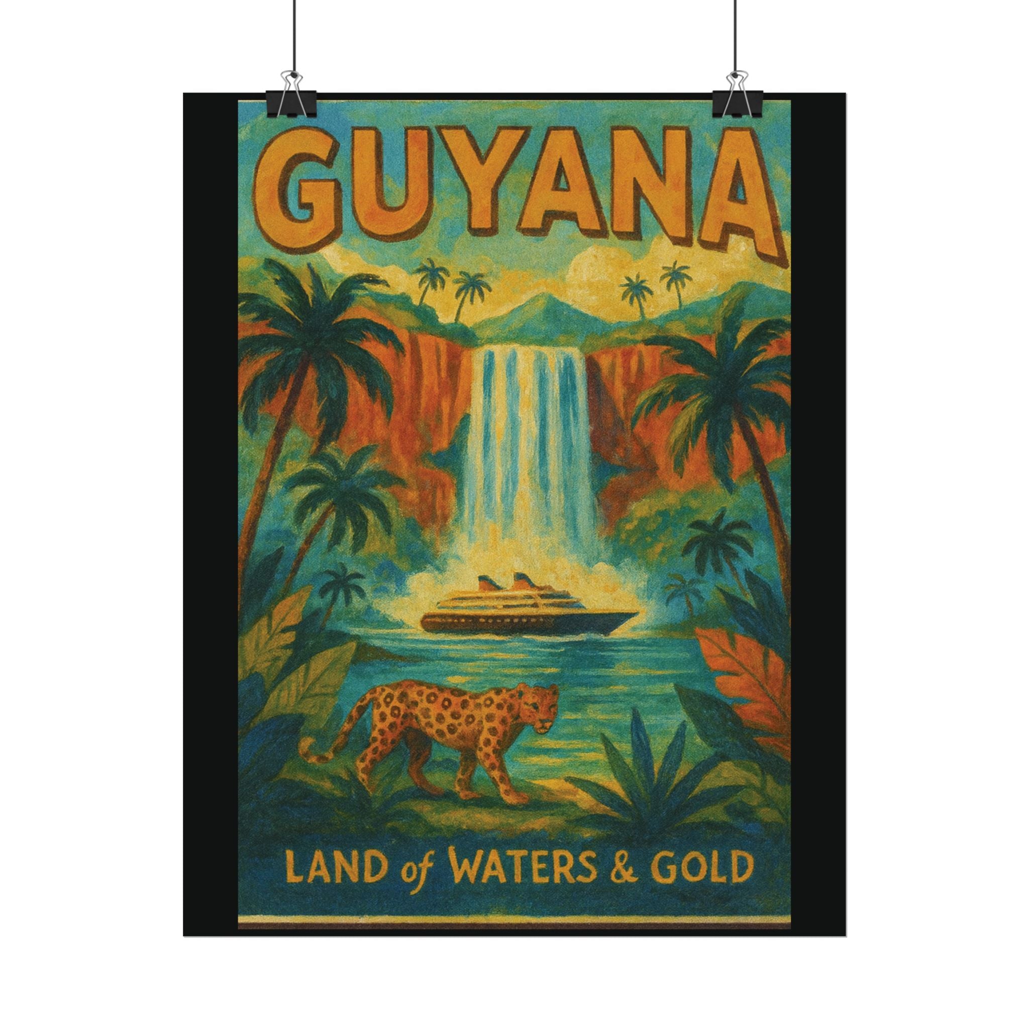 Guyana Waterfall Travel Poster — Textured Watercolor Matte Print ("Land of Waters & Gold")