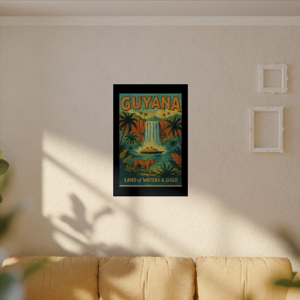 Guyana Waterfall Travel Poster — Textured Watercolor Matte Print ("Land of Waters & Gold")