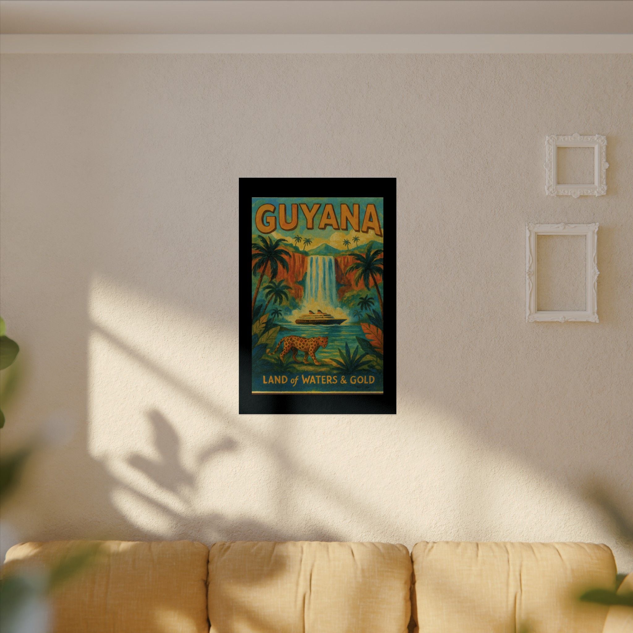 Guyana Waterfall Travel Poster — Textured Watercolor Matte Print ("Land of Waters & Gold")
