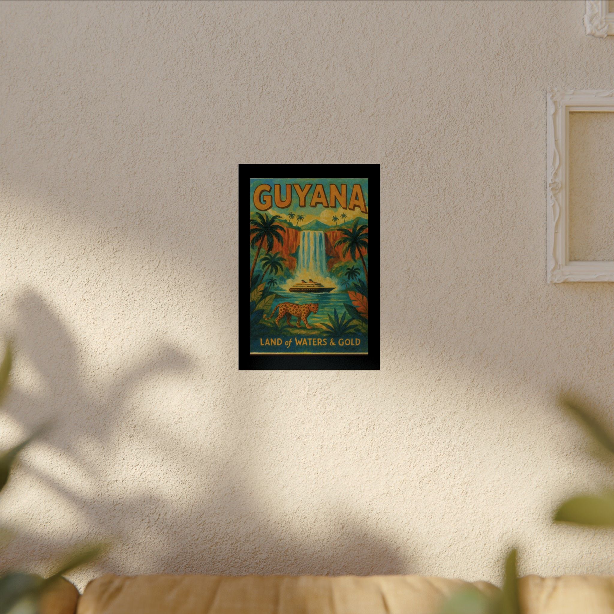 Guyana Waterfall Travel Poster — Textured Watercolor Matte Print ("Land of Waters & Gold")