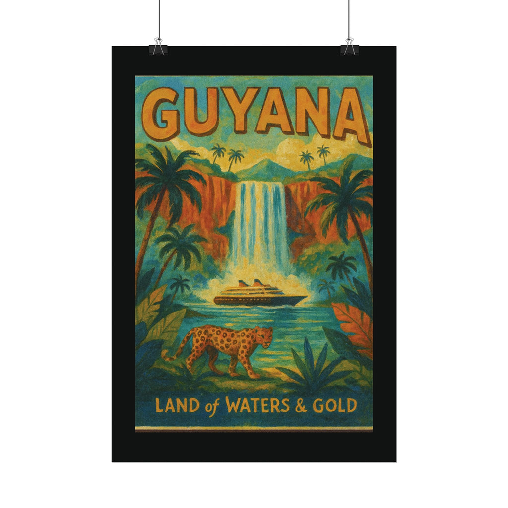 Guyana Waterfall Travel Poster — Textured Watercolor Matte Print ("Land of Waters & Gold")